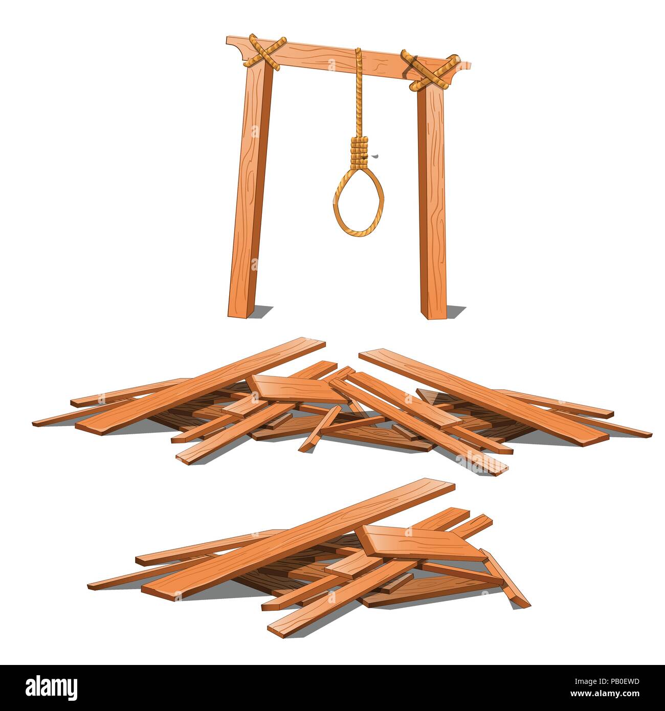 Die alten Galgen und ein paar Bretter auf weißem Hintergrund. Vektor cartoon Close-up Abbildung. Stock Vektor