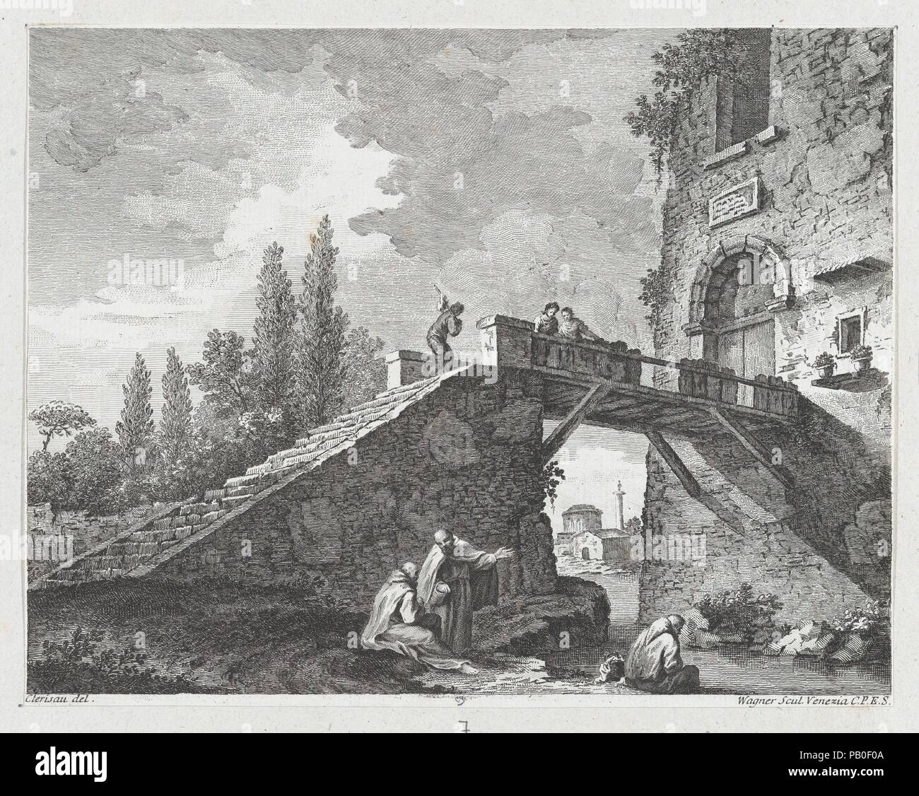 Landschaft mit Brücke. Artist: nach Charles Louis Clérisseau (Französisch, Paris 1721-1820 Auteuil). Künstler und Verleger: Joseph Wagner (Italienisch, Thalendorf 1706-1780 Venedig). Abmessungen: Blatt (getrimmte): 9 1/8 x 11 5/8 in. (23,2 × 29,5 cm). Erschienen in: Venedig. Datum: Ca. 1750-70. Museum: Metropolitan Museum of Art, New York, USA. Stockfoto