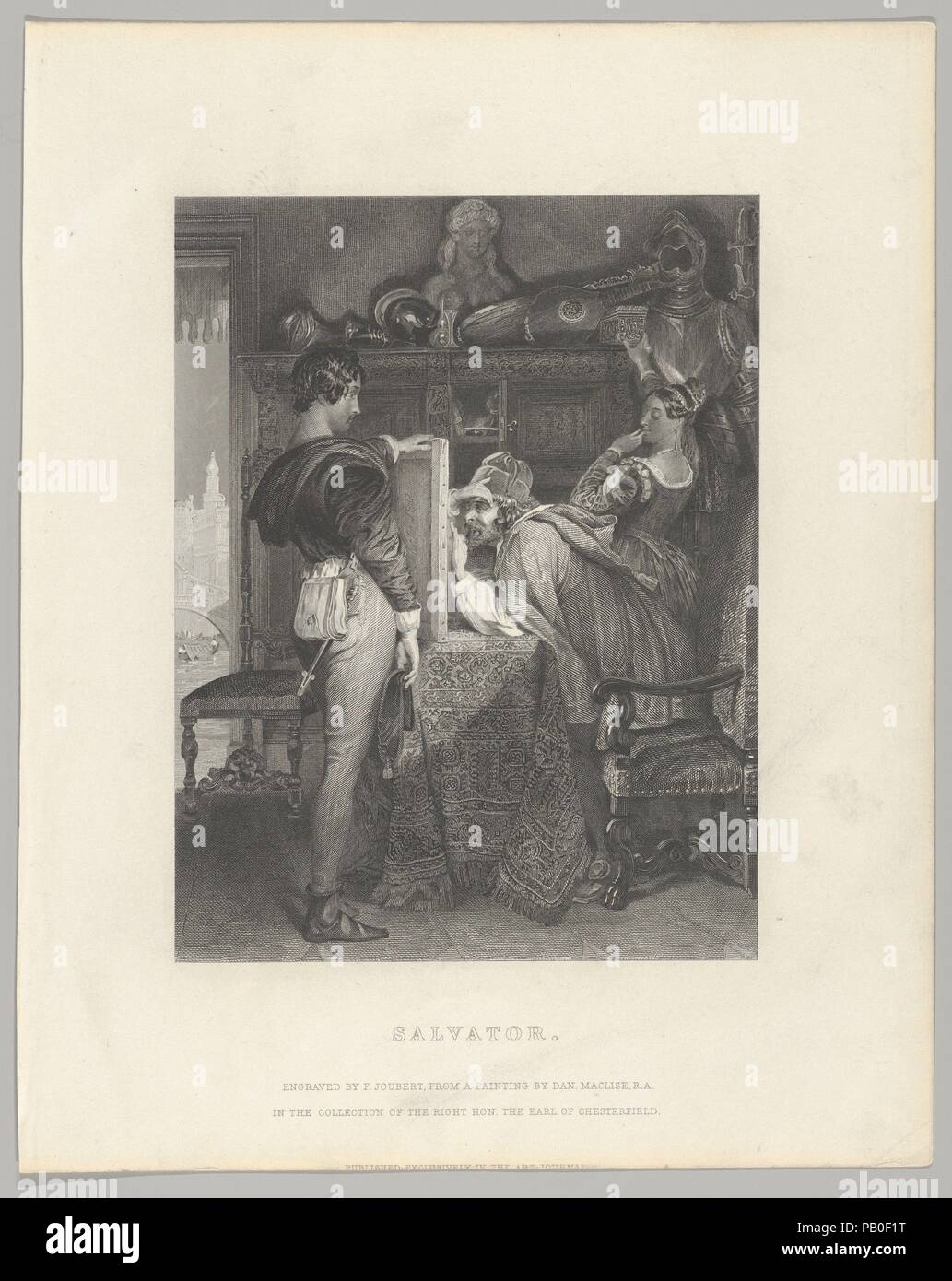 Salvator, von der "Kunst" (später "Die Kunst Journal'), S. 252. Artist: Nach Daniel Maclise (Irland, Cork 1806-1870 London). Abmessungen: Blatt (innerhalb der Platte getrimmt): 11 5/16 x 9 1/16-in. (28,7 × 23 cm). Engraver: Ferdinand Joubert (Französisch, Paris 1810-1884 Menton). Betrifft: Salvator Rosa (Italienisch, Arenella (Neapel) 1615-1673 Rom). Datum: August 1848. Maclise Faszination des neunzehnten Jahrhunderts mit Vergangenheit Künstler, die durch die Darstellung der Italienische Maler Salvator Rosa (1615-1673), eines seiner Gemälde zu einem möglichen Klienten genutzt werden. Die Szene wurde durch eine Passage in der Dame Morgan vorgeschlagen Stockfoto