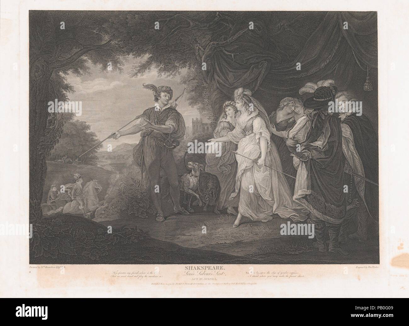 Die Prinzessin, Rosaline, etc. (Shakespeare, verlorene Liebesmüh, Akt 4, Szene 1). Artist: Nach William Hamilton (British, London 1751-1801 London). Abmessungen: Platte: 19 5/16 x 24 3/4 in. (49×62,8 cm) Blatt: 21 13/16 x 27 13/16-in. (55,4 × 70,7 cm). Engraver: Thomas Ryder ICH (British, 1746-1810). Herausgeber: John & Josiah Boydell (British, 1786-1804). Serie/Portfolio: Boydell Shakespeare's Galerie. Betrifft: William Shakespeare (Britisch, Stratford-upon-Avon 1564-1616 Stratford-upon-Avon). Datum: 1793. Museum: Metropolitan Museum of Art, New York, USA. Stockfoto