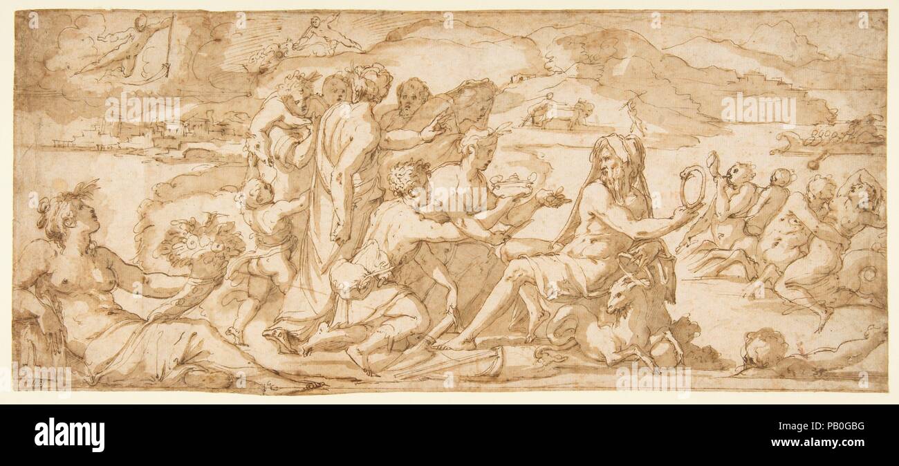 Die ersten Früchte der Erde Angeboten zu Saturn. Artist: Giorgio Vasari (Italienisch, Arezzo, Florenz 1511-1574). Abmessungen: 6 3/4 x 15 7/16 in. (17,2 x 39,2 cm). Datum: 1555-56. Die Zeichnung, die sicherlich aus der Hand von Vasari selbst, ist eine Studie für eine Allegorie der Erde durch seine Assistentin Cristofano Gherardi in der Sala degli Elementi, Palazzo Vecchio, Florenz gemalt. Es gibt eine Reihe von Unterschieden zwischen den vorbereitenden Zeichnung und die fertigen Fresco. Vasari enthalten eine vollständige Beschreibung der komplexen Symbolik dieser allegorischen Komposition, die durch die Figur des Saturn das Halten eines beherrscht wird Stockfoto