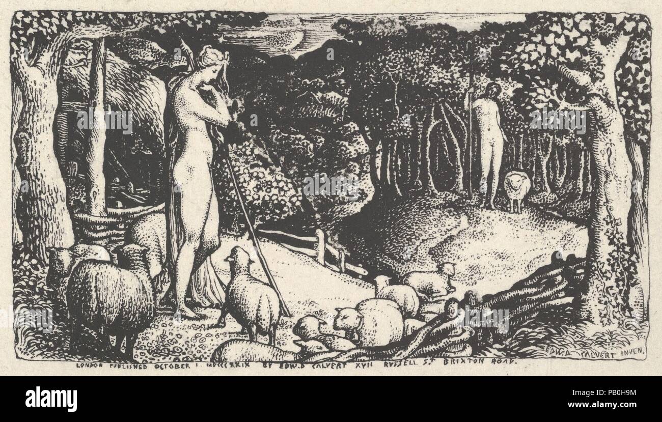 Ideale pastorale Leben. Artist: Edward Calvert (Briten, Appledore, Devon 1799-1833 Hackney (London)). Abmessungen: Bild: 1 11/16 x 3 in. (4,3 x 7,6 cm) Blatt: 2 11/16 x 5 1/4 in. (6,8 x 13,4 cm). Datum: 1829. Calvert, dem ältesten Mitglied des Altertums, war wohl seine besten Grafiker. Seine meisterhafte Kontrolle der Linie, starke Artikulation von Licht und Schatten, und kühne Sinn für Design verleihen seinen kleinen Lithographien überraschend macht, ziehen den Betrachter in die komplizierten Welten, die Sie beschreiben. Die calvert Ansatz zur Lithographie war ungewöhnlich und kann durch Blake's Methode der Entlastung etchin inspiriert wurden. Stockfoto