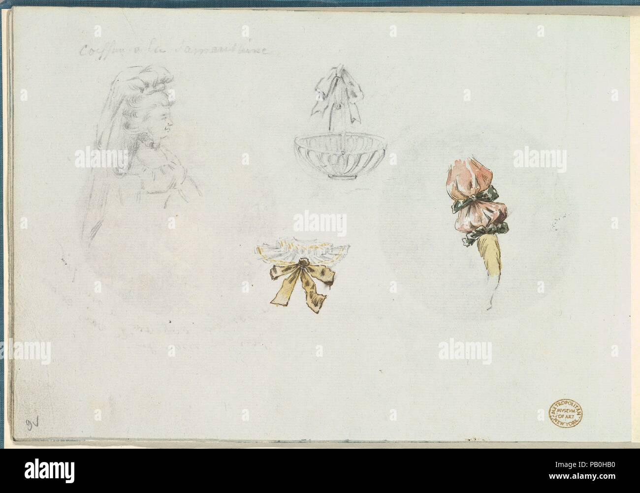 Vier Kostüm Design Skizzen einer Frau, einen Korb, ein Kragen und Ärmel. Künstler: Anonym, Französisch, 18. Jahrhundert; Anonym, Französisch, 19. Jahrhundert, möglicherweise verbunden mit Antoine Caire-Morand (Französisch, Briançon 1747-1825 Turin). Maße: Blatt: 6 11/16 x 9 15/16 in. (17 x 25,3 cm). Datum: Ca. 1785-90. Seite mit vier Skizzen von Details der Kostüme. Auf der linken Seite ist eine Skizze eines bustlength Frau in einem korsett mieder mit Hut mit einem Schleier auf der Rückseite befestigt. Auf der rechten Seite ist eine Skizze von einem Korb mit einer Band. Unten ist eine Skizze von einem gerafftem Kragen mit Graphit, tinte und gouache Band. Stockfoto