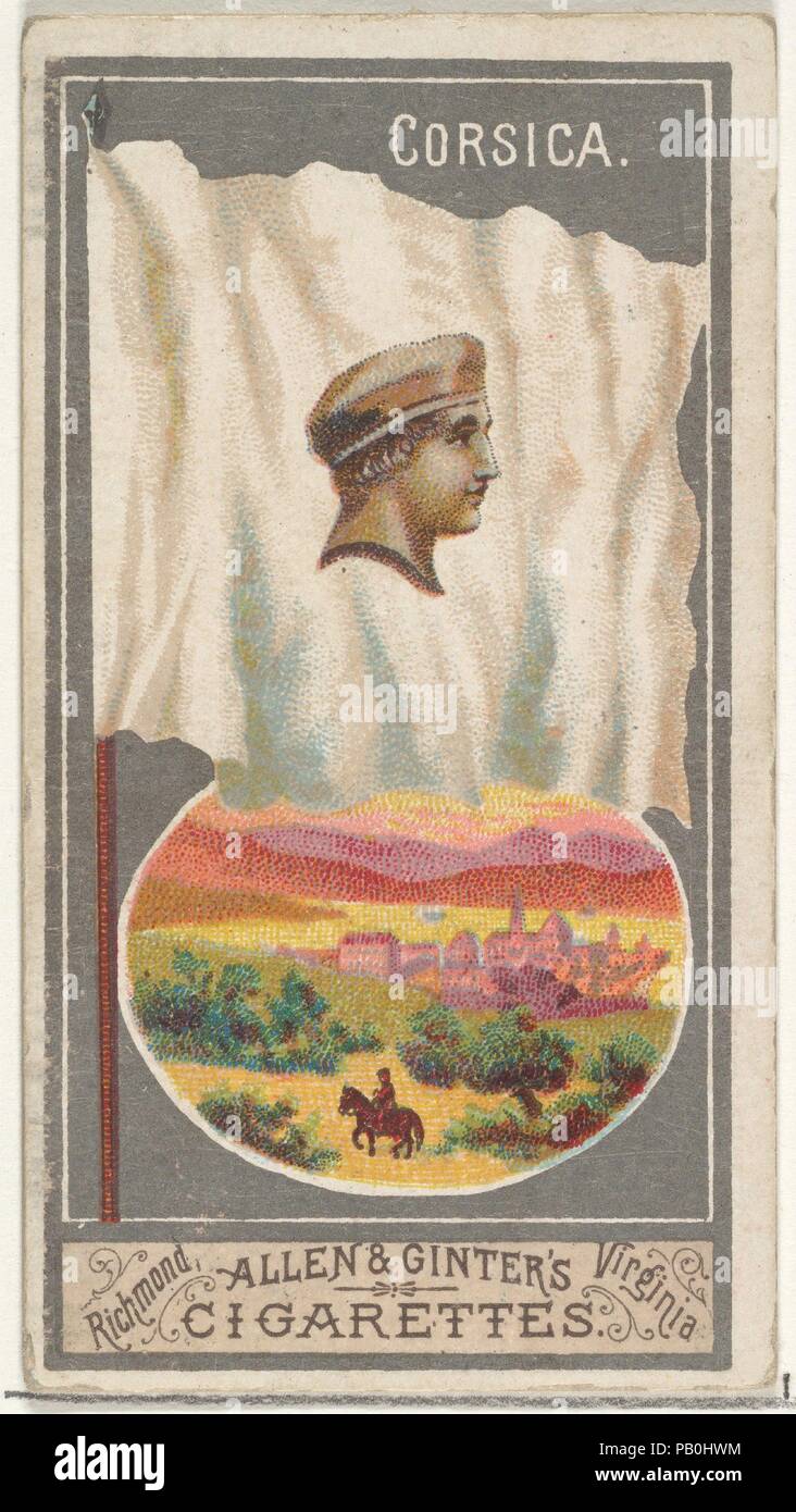 Korsika, von der Stadt Fahnen-Serie (N6) für Allen & Ginter Zigaretten Marken. Maße: Blatt: 2 3/4 x 1 1/2 in. (7 x 3,8 cm). Herausgeber: Herausgegeben von Allen&Ginter (Amerikanische, Richmond, Virginia). Datum: 1887. Handel Karten aus dem 'City Flags'-Serie (N6), im Jahre 1887 in einer Reihe von 50 ausgestellten Karten Allen&Ginter Marke Zigaretten zu fördern. Museum: Metropolitan Museum of Art, New York, USA. Stockfoto