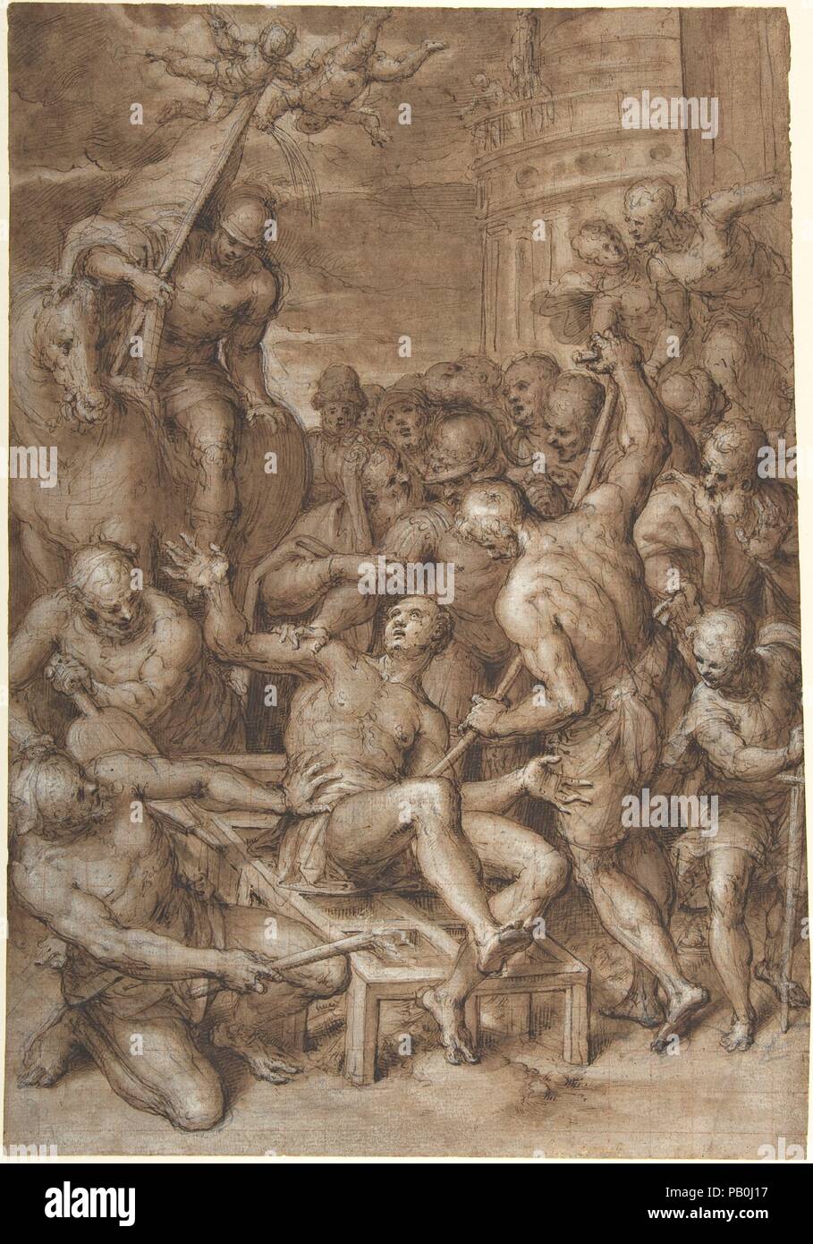 Das Martyrium des Hl. Laurentius. Artist: Aurelio Luini (Italienisch, Luino oder Mailand Ca. 1530-1593 Mailand). Abmessungen: 16-10/16 x 11-7/16 in. (42,0 x 29,0 cm). Datum: 1580s - Anfang 1590 s. Dieses große, sorgfältig squared Zusammensetzung durch den Sohn des berühmten Lombardischen Malers Bernardino Luini diente als Arbeiten modello Für ein Fresko, das ursprünglich in der Kirche von San Vincenzo alle Monache, Mailand (jetzt Pinacoteca del Castello Sforzesco, Mailand). Die Kommission ist unbekannt, aber stilistisch im Vergleich zu anderen Altarbilder des Künstlers schlägt vor, ein Datum, das in den 1580er Jahren. Die Zeichnung behält eine frische o Stockfoto