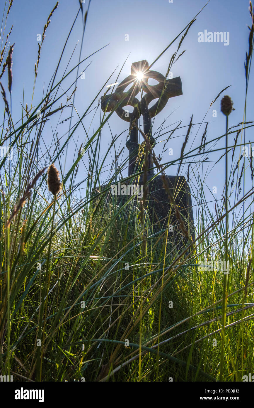 Keltisches Kreuz im hohen Gras, auch Rad Kreuz in einem Friedhof, Eararna, Inishmore, Aran Islands, Irland Stockfoto