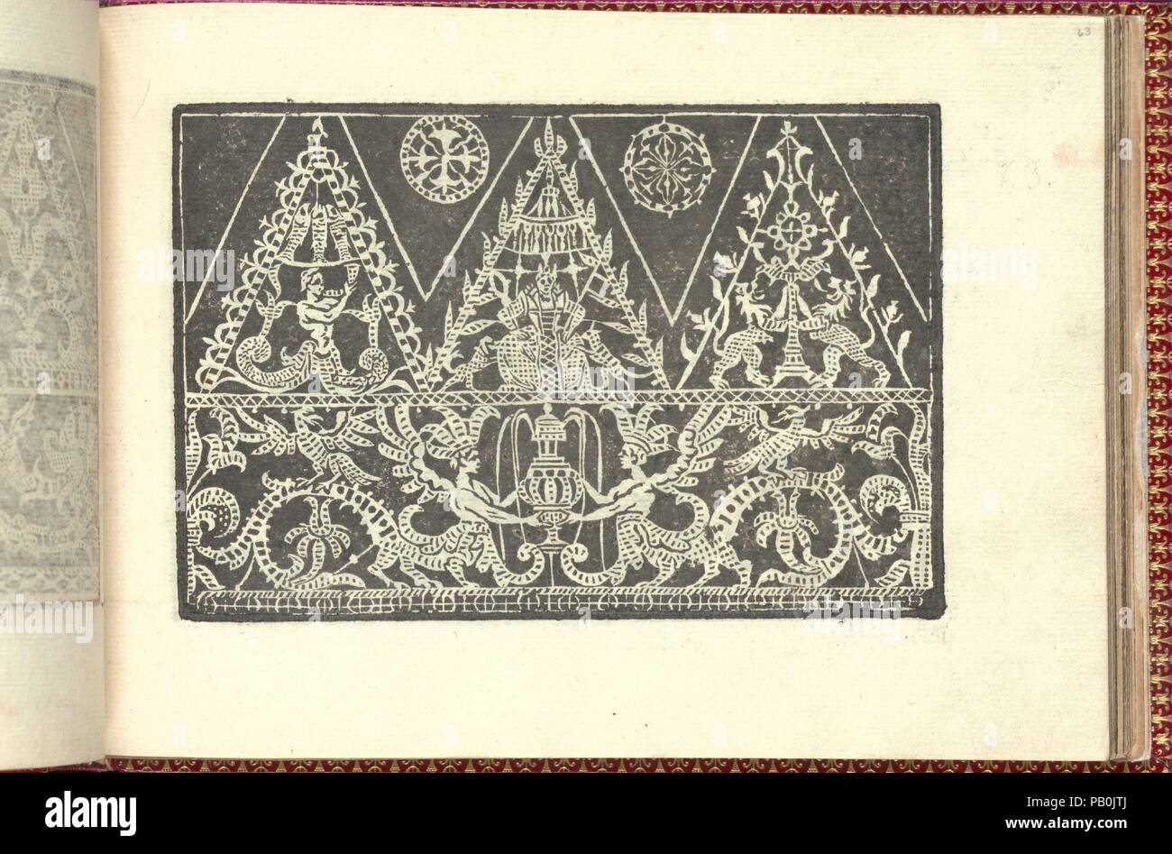 Corona delle Donne Nobili et wirbelnden Rondothema fort: Libro I-IV, Seite 63 (recto). Abmessungen: Insgesamt: 5 1/2 x 7 11/16 in. (14 x 19,5 cm). Erschienen in: Venedig. Herausgeber: Cesare Vecellio (Italienisch, Pieve di Cadore 1521-1601 Venedig), Venedig. Datum: 1601. Von Cesare Vecellio, Italienisch, Pieve di Cadore 1521-1601 Venedig, Venedig veröffentlicht. Von oben nach unten und von links nach rechts: Design aus 2 horizontalen Registern. Startseite Registrieren ist mit 3 Dreiecke: linke Dreieck ist mit einem Composite Mensch und Pflanze Kreatur Holding eine Platte mit 3 Fischen verziert, mittleren Dreieck ist mit einer balligen weiblichen Bild verziert dekoriert Stockfoto