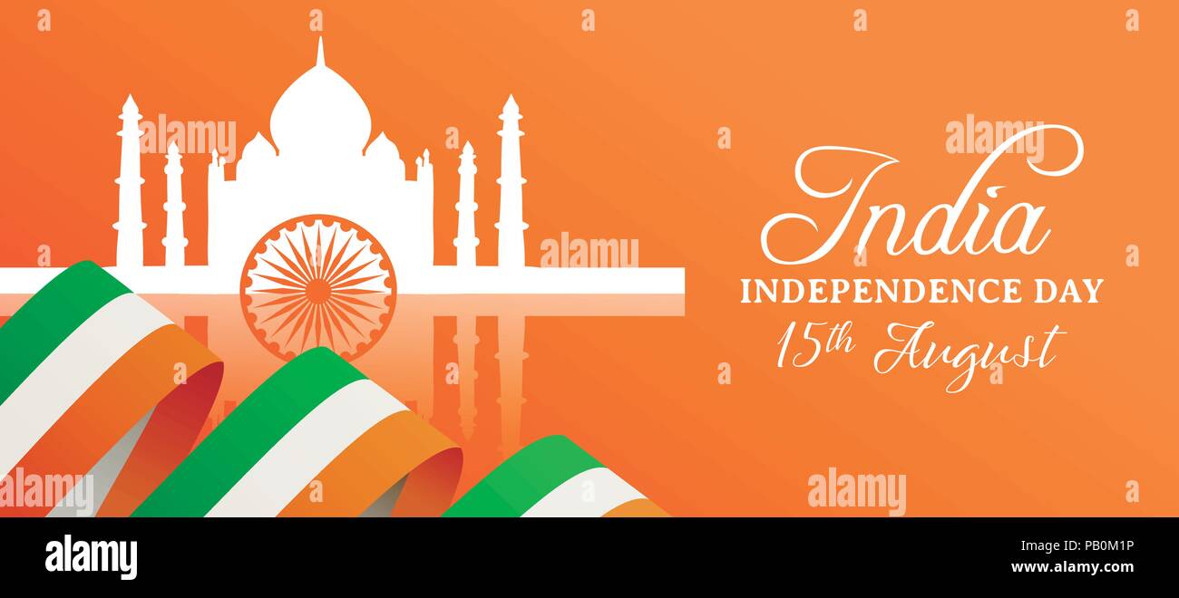 Indien Independence Day Feier Web Banner. Taj Mahal Wahrzeichen Gebäude Silhouette mit indischen Flagge und Typografie. EPS 10 Vektor. Stock Vektor