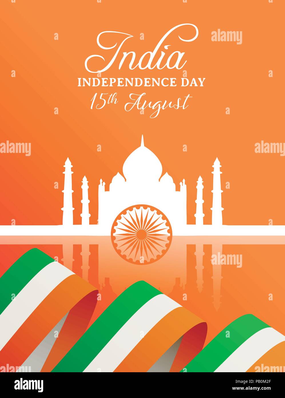 Indien Independence Day Feier Grußkarte. Taj Mahal Wahrzeichen Gebäude Silhouette mit indischen Flagge und Typografie. EPS 10 Vektor. Stock Vektor