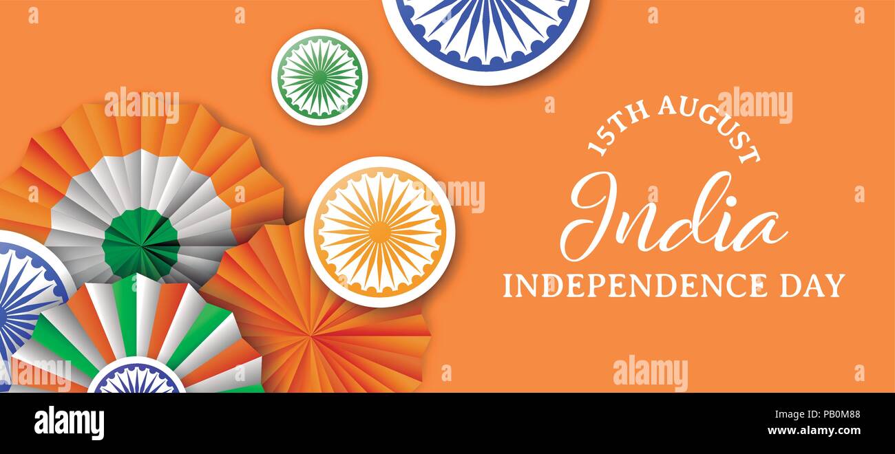 Unabhängigkeit Indiens Tag Web Banner Abbildung. Traditionelle tricolour Abzeichen und indische Flagge Farbe Dekoration mit Typografie Zitat. EPS 10 Vektor. Stock Vektor
