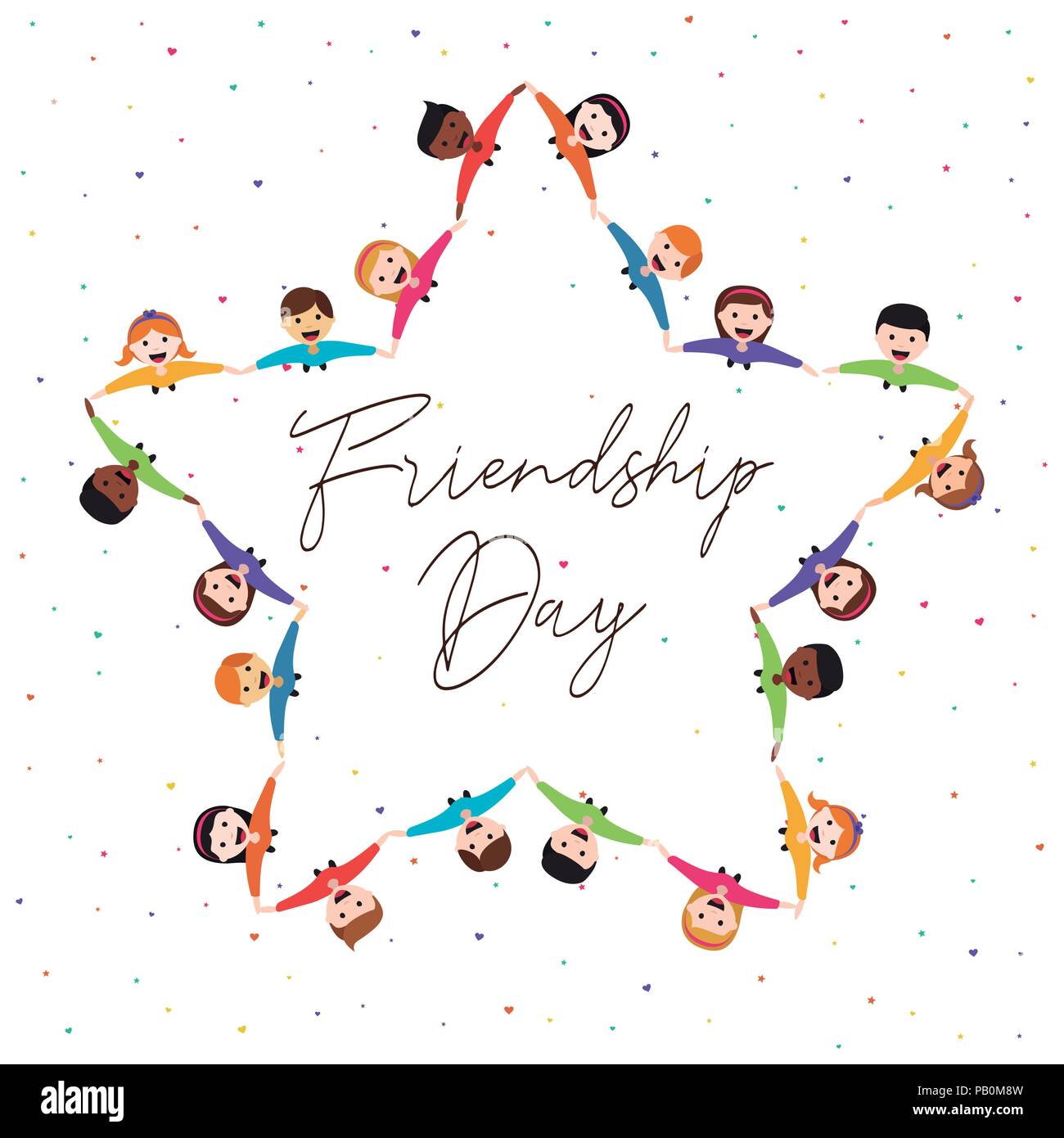 Glückliche Freundschaft Tag Grußkarte Abbildung diverser kid Gruppe in Sternform, das Hände von oben Blickwinkel. Freund Liebe Konzept für besondere Stock Vektor