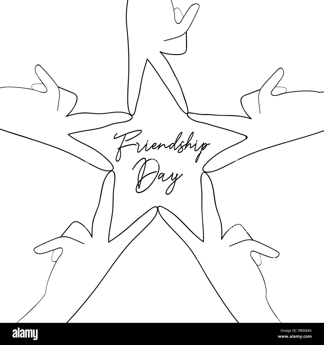 Glückliche Freundschaft Tag Grußkarte Abbildung: Freund Gruppe Hände, Stern in der Hand gezeichneten Stil mit Feier Text zitieren. EPS 10 Vektor. Stock Vektor