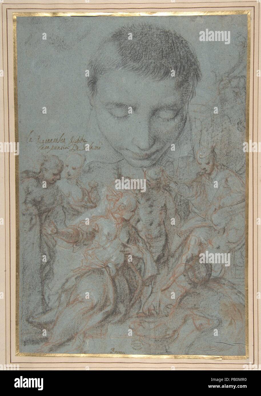 Studie der Boy's Kopf; die Königin von Saba vor Salomo. Artist: zugeschrieben, die Antonio Vassilacchi (genannt "Il Aliense") (Italienisch, Melos 1556-1629 Venedig). Abmessungen: 11 3/4 x 7 13/16 in. (29,8 x 19,8 cm). Datum: 1580-94. Der Autor dieses gut erhaltene Blatt hat vor kurzem festgestellt, wie die griechisch-italienischen Malers Vassilacchi, dessen Spitzname, Il Aliense, bedeutet "der Ausländer" oder "Die Ausländer." Die Studien auf der unteren? die Hälfte, die die Königin von Reicharabien sah die Weisheit König Salomos, um den Hintergrund Szene in monumentalen des Künstlers Christus verbunden werden können Diskutieren der Docto Stockfoto