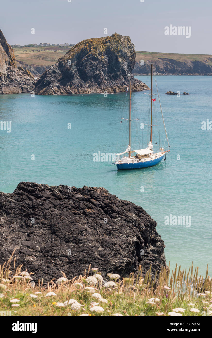 Sommer in Cornwall - Yacht an Kynance Cove günstig auf der Lizard Halbinsel, Großbritannien Stockfoto