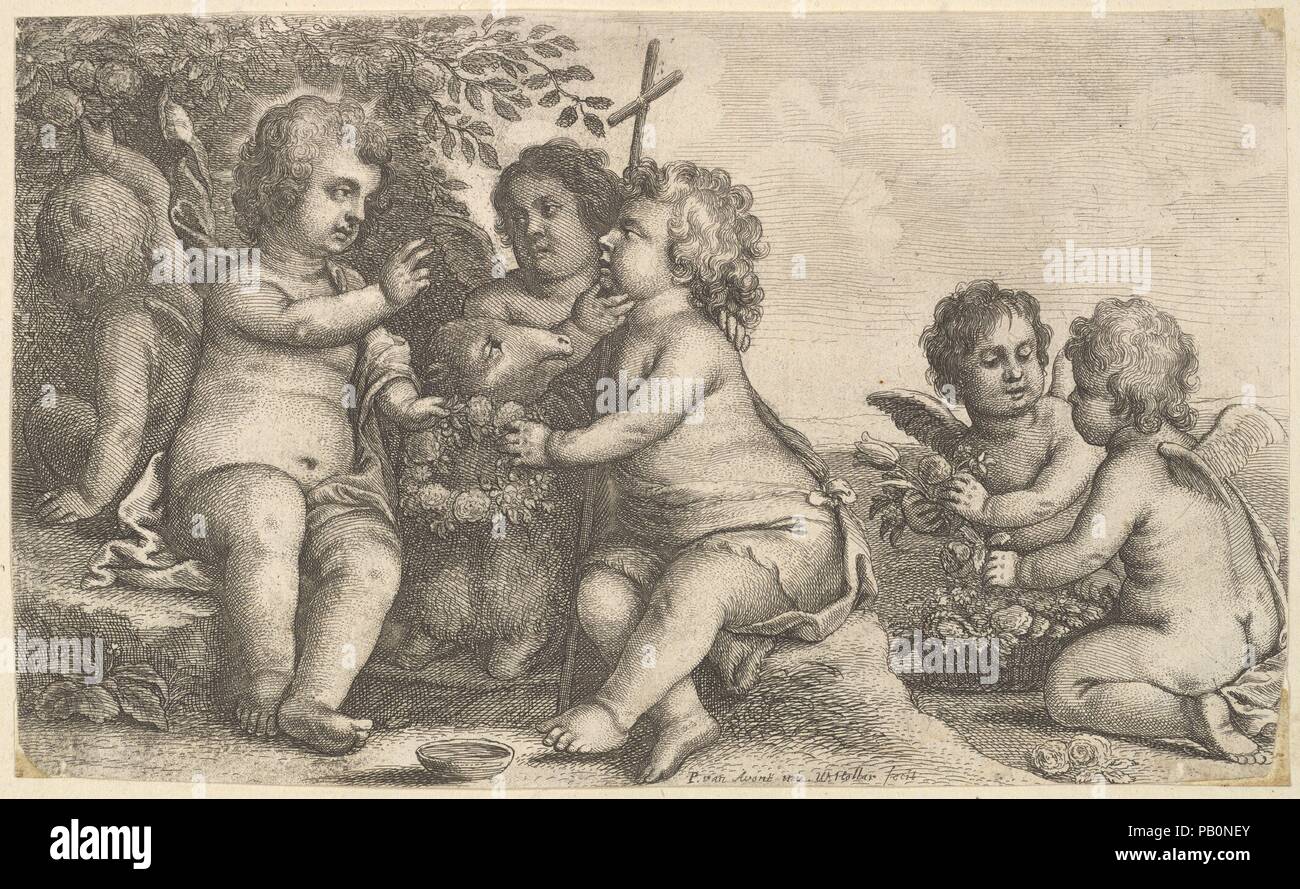 Jesus, St. Johannes der Täufer und vier Putten. Artist: Wenzel Hollar (Böhmische, Prag 1607-1677 London). Maße: Blatt: 4 13/16 x 7 15/16 in. (12,3 × 20,1 cm). Serie/Portfolio: Paedopaegnion. Datum: 1625-77. Die Kinder Jesus, St. Johannes der Täufer und vier Putten. Museum: Metropolitan Museum of Art, New York, USA. Stockfoto