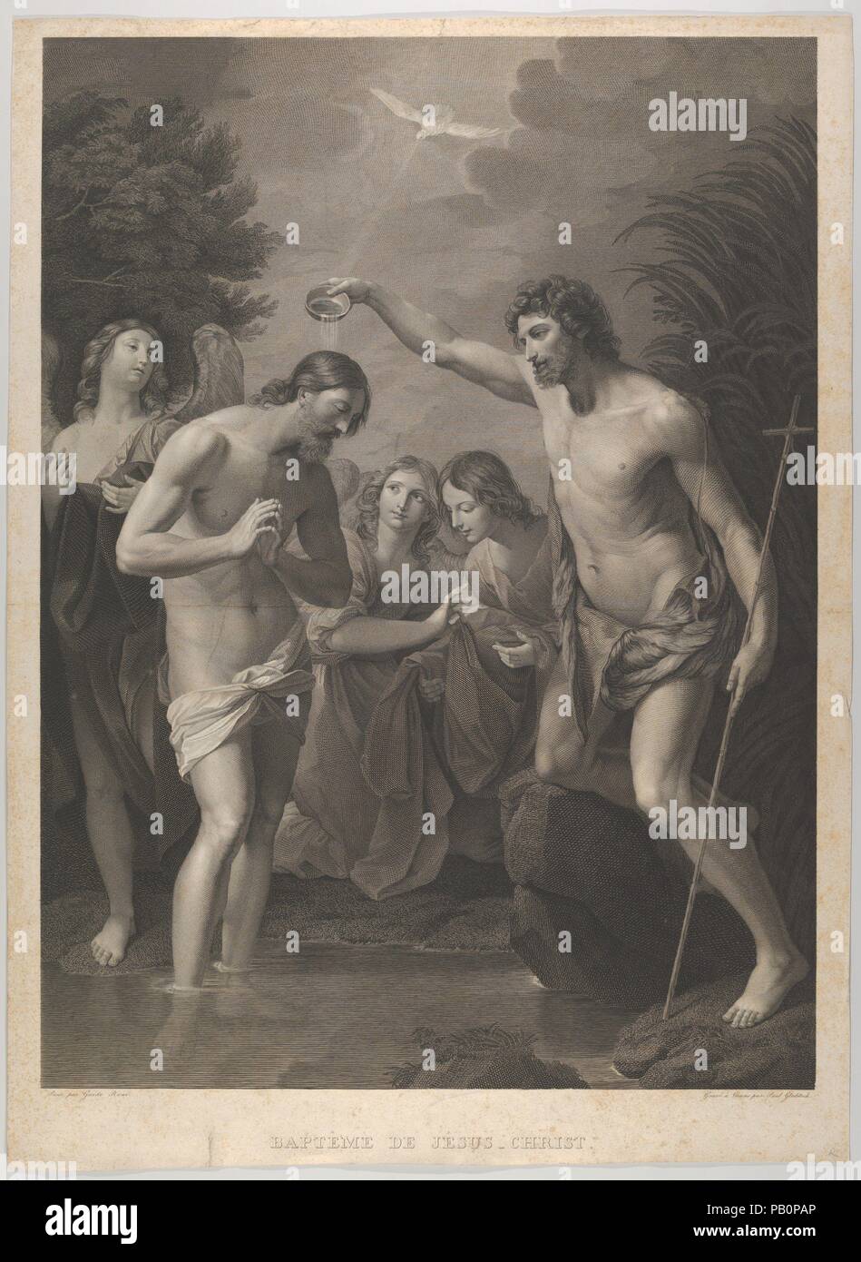 Die Taufe Christi; der hl. Johannes der Täufer auf der rechten und Christus mit seinen Händen zusammen gehalten, die heilige Taube oben, Engel im Hintergrund, nach Reni. Artist: Nach Guido Reni (Italienisch, Bologna Bologna 1575-1642); Paul Gleditsch (Österreichische, Wien 1793-1872 Wien). Abmessungen: Platte: 22 5/16 x 16 5/8 in. (56,6 × 42,2 cm) Blatt: 26 3/8 in. × 20 in. (67 × 50,8 cm). Datum: Ca. 1815-72. Museum: Metropolitan Museum of Art, New York, USA. Stockfoto