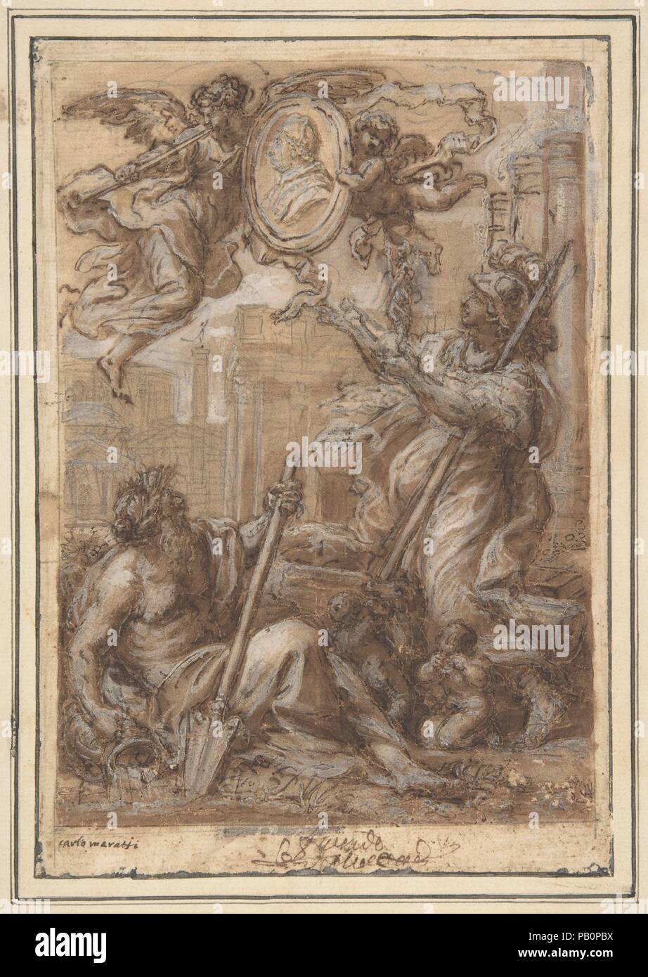 Rom und dem Tiber Hommage an einen Papst (Clement XI?). Artist: Kreis von Carlo Maratti (Italienisch, Camerano 1625-1713 Rom). Abmessungen: 9 3/16 x 6 5/16 in. (23,4 x 16 cm). Datum: 1625-1713. Museum: Metropolitan Museum of Art, New York, USA. Stockfoto