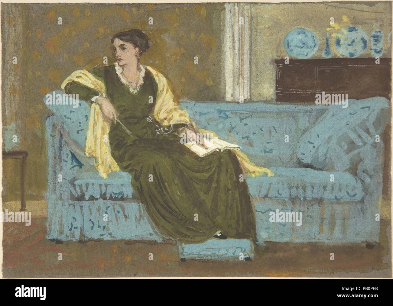 Frau sitzt auf einem Sofa. Artist: Walter Crane (Briten, Liverpool 1845-1915 Horsham). Maße: Blatt: 4 7/8 x 6 7/8 in. (12,4 x 17,5 cm). Datum: 1865-1915. Museum: Metropolitan Museum of Art, New York, USA. Stockfoto