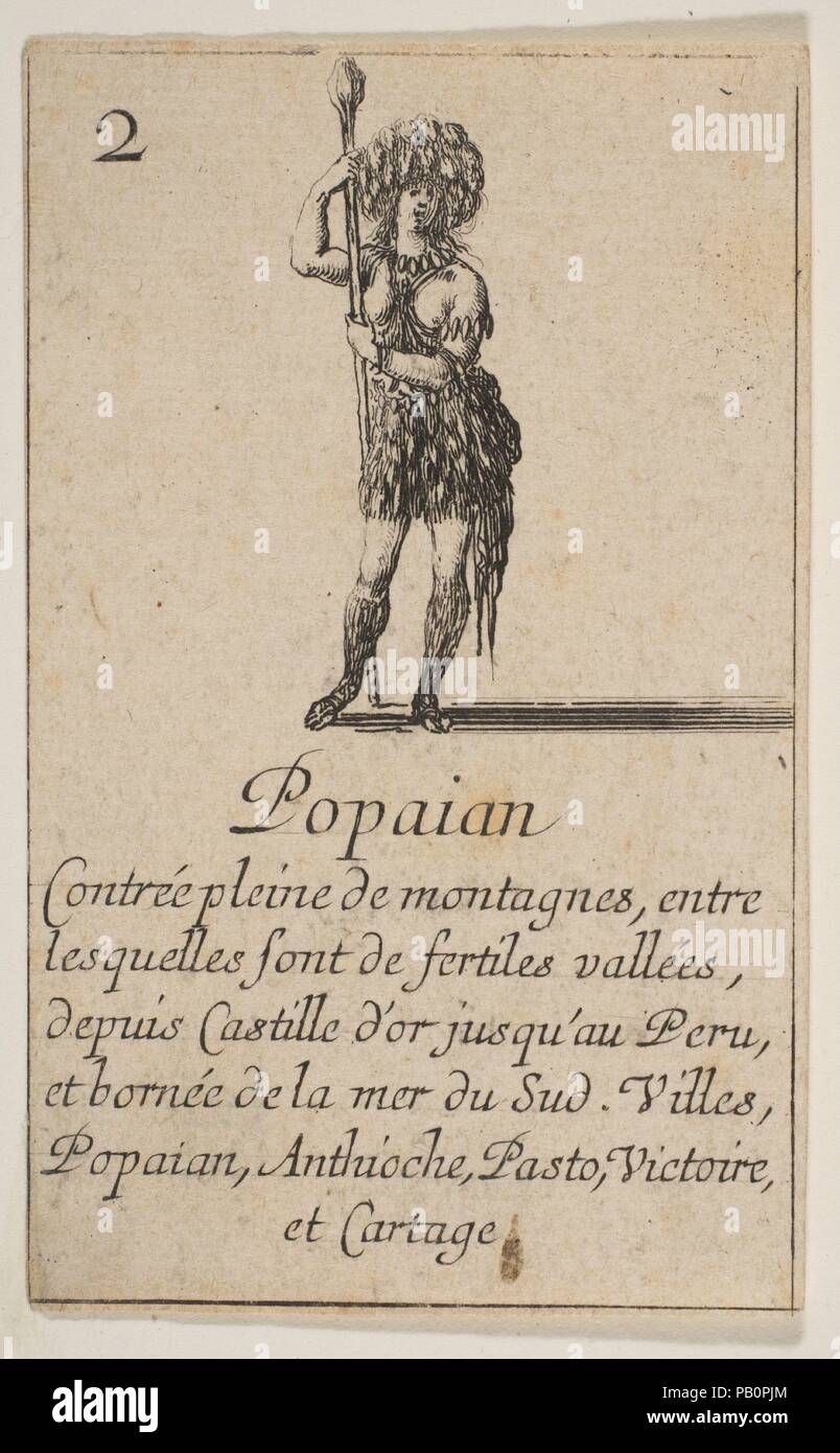 Popayan, aus "Spiel der Geographie" (Jeu de la géographie). Artist: GEÄTZT von Stefano Della Bella (Italienisch, Florenz 1610-1664 Florenz); entworfen von Jean Desmarets de Saint-Sorlin (Französisch, 1595-1676). Dedicatee: Ludwig XIV., König von Frankreich (Französisch, Saint-Germain-en-Laye 1638-1715 Versailles). Maße: Blatt: 3 1/2 x 2 1/8 in. (8,9 × 5,4 cm). Schirmherr: Kardinal Jules Mazarin (Italienisch, Piscina 1602-1661 Vincennes). Herausgeber: Henri Le Gras (Französisch). Serie/Portfolio: "Spiel der Geographie" (Jeu de la géographie). Datum: 1644. Museum: Metropolitan Museum of Art, New York, USA. Stockfoto