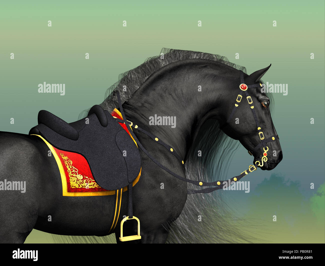 Dark Horse - eine Friesische schwarzer Hengst mit fancy Classic Sattel und Zaumzeug horse Tack geschmückt. Stockfoto