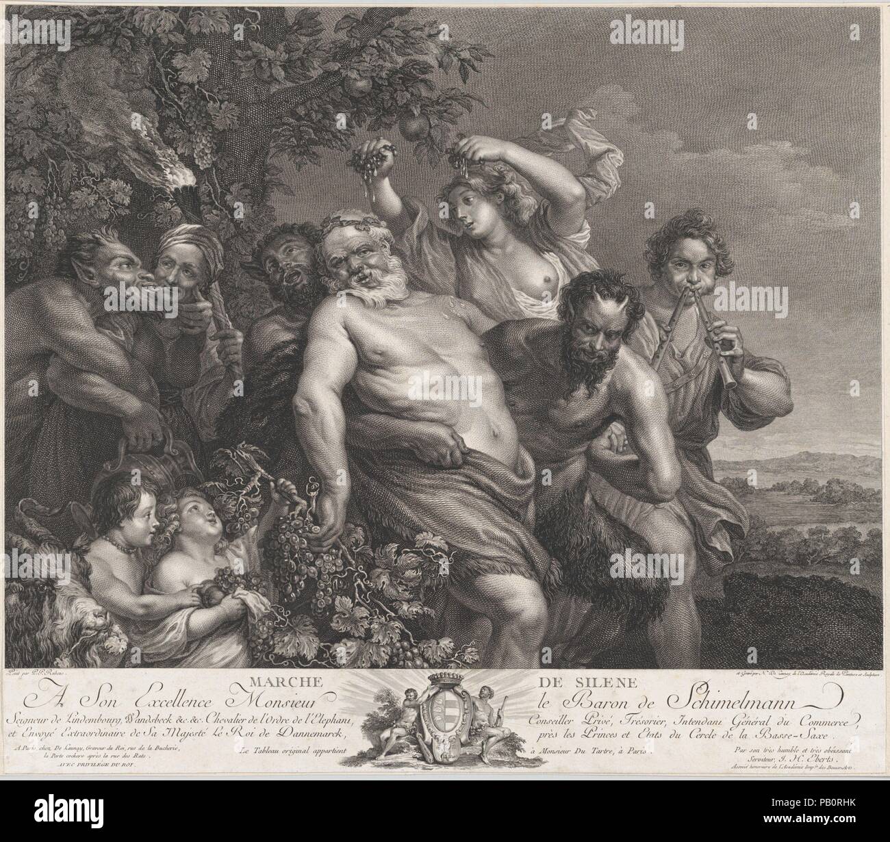 Der Triumph des Silen. Artist: Nach Anthony van Dyck (Flandern, Antwerpen 1599-1641, London); Nach dem Studio von Peter Paul Rubens (Flämische, Siegen 1577-1640 Antwerpen). Künstler und Verleger: Nicolas de Launay (Französisch, Paris, 1739-1792). Abmessungen: Blatt (getrimmte): 15 15/16 x 18 1/4 in. (40,5 × 46,3 cm). Erschienen in: Paris. Datum: 1775-78. Museum: Metropolitan Museum of Art, New York, USA. Stockfoto