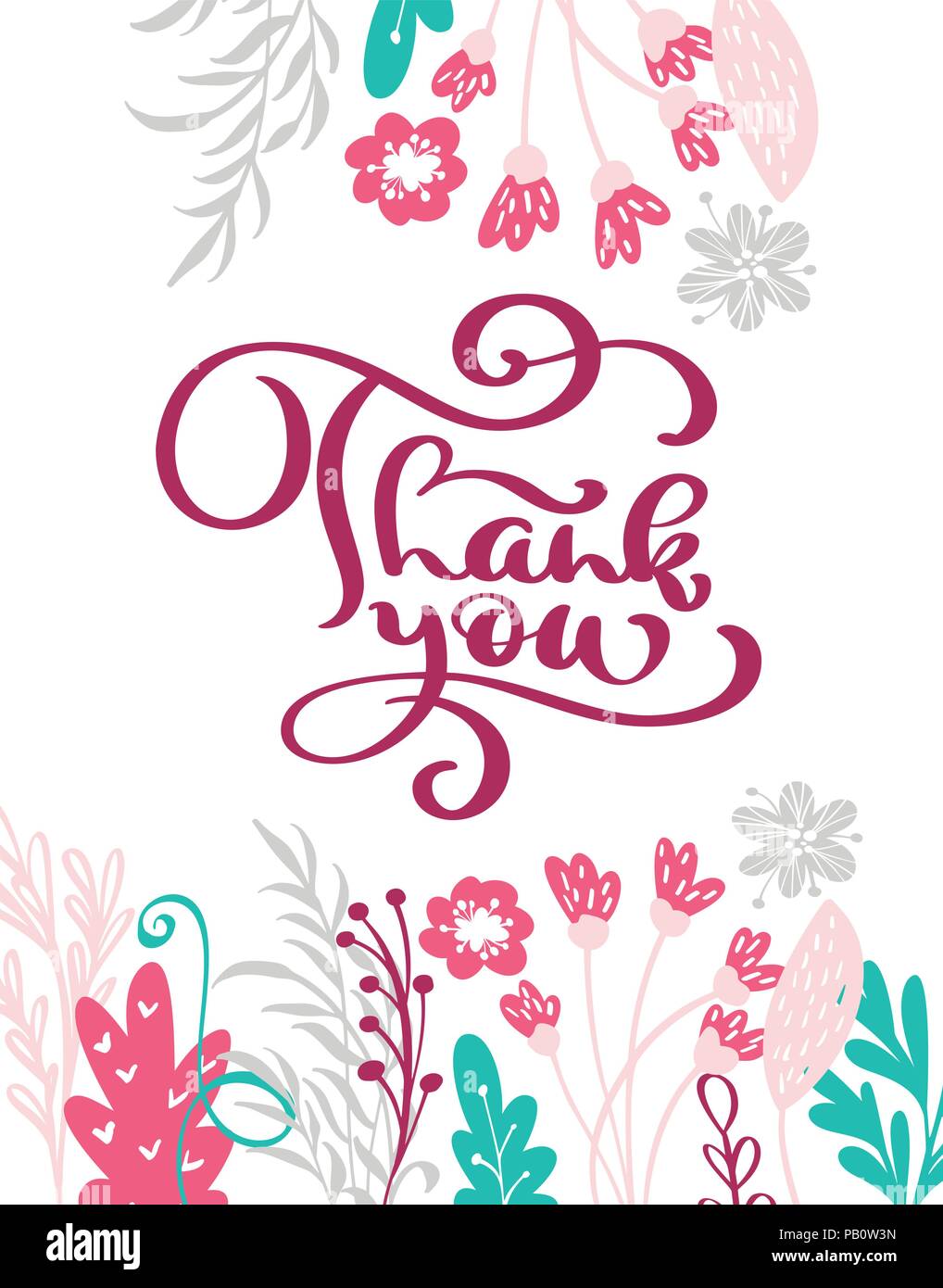 Danke Hand gezeichnet Text mit Blumen. Trendige Hand Schrift zitieren, Grafiken, vintage Kunstdruck für Poster und Grußkarten gestalten. Kalligrafische isoliert Zitat. Vector Illustration Stock Vektor