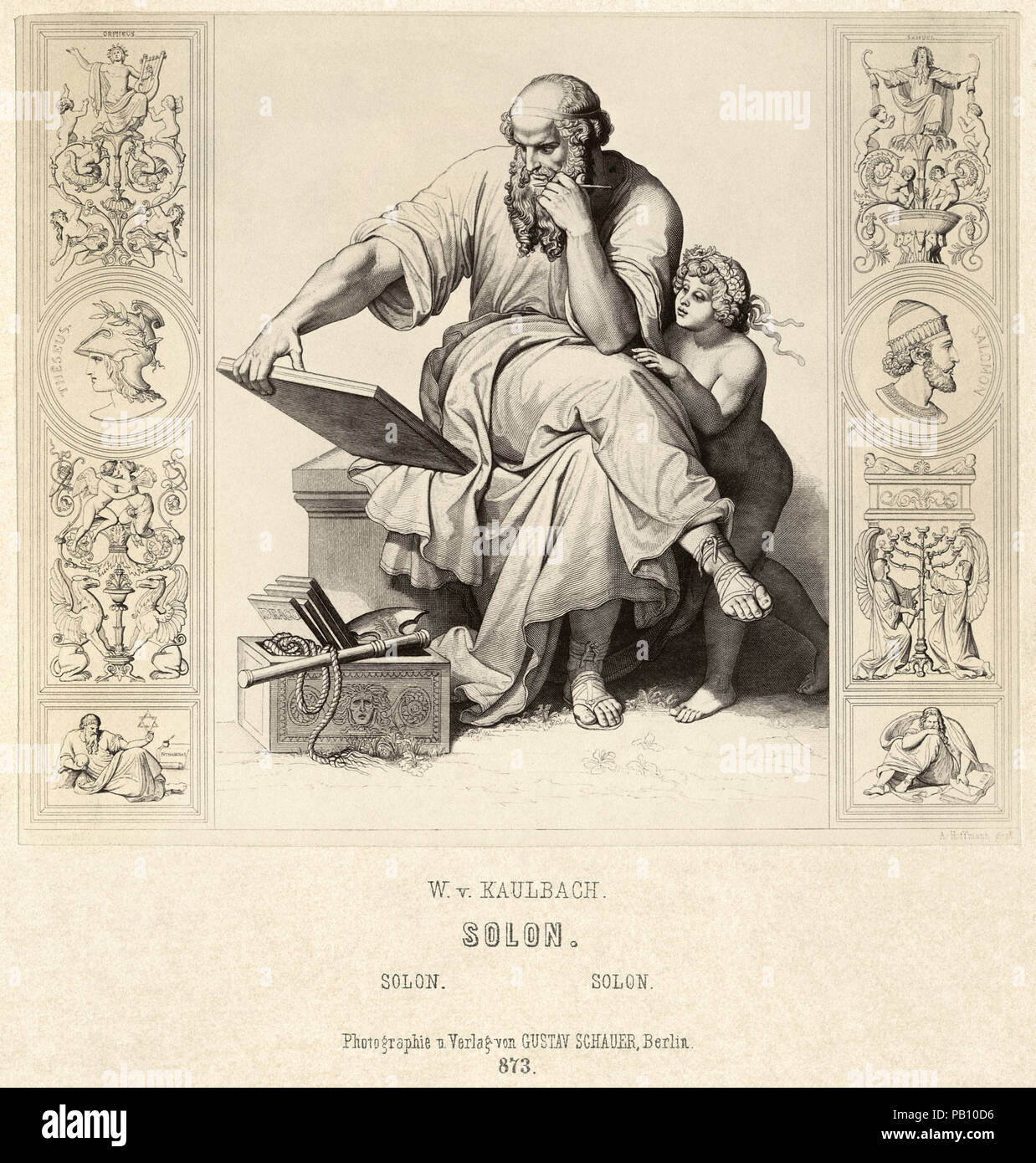 Solon (638-558 v. Chr.), der Athenischen Staatsmann und Dichter, Portrait mit Kind, Gravur Stockfoto