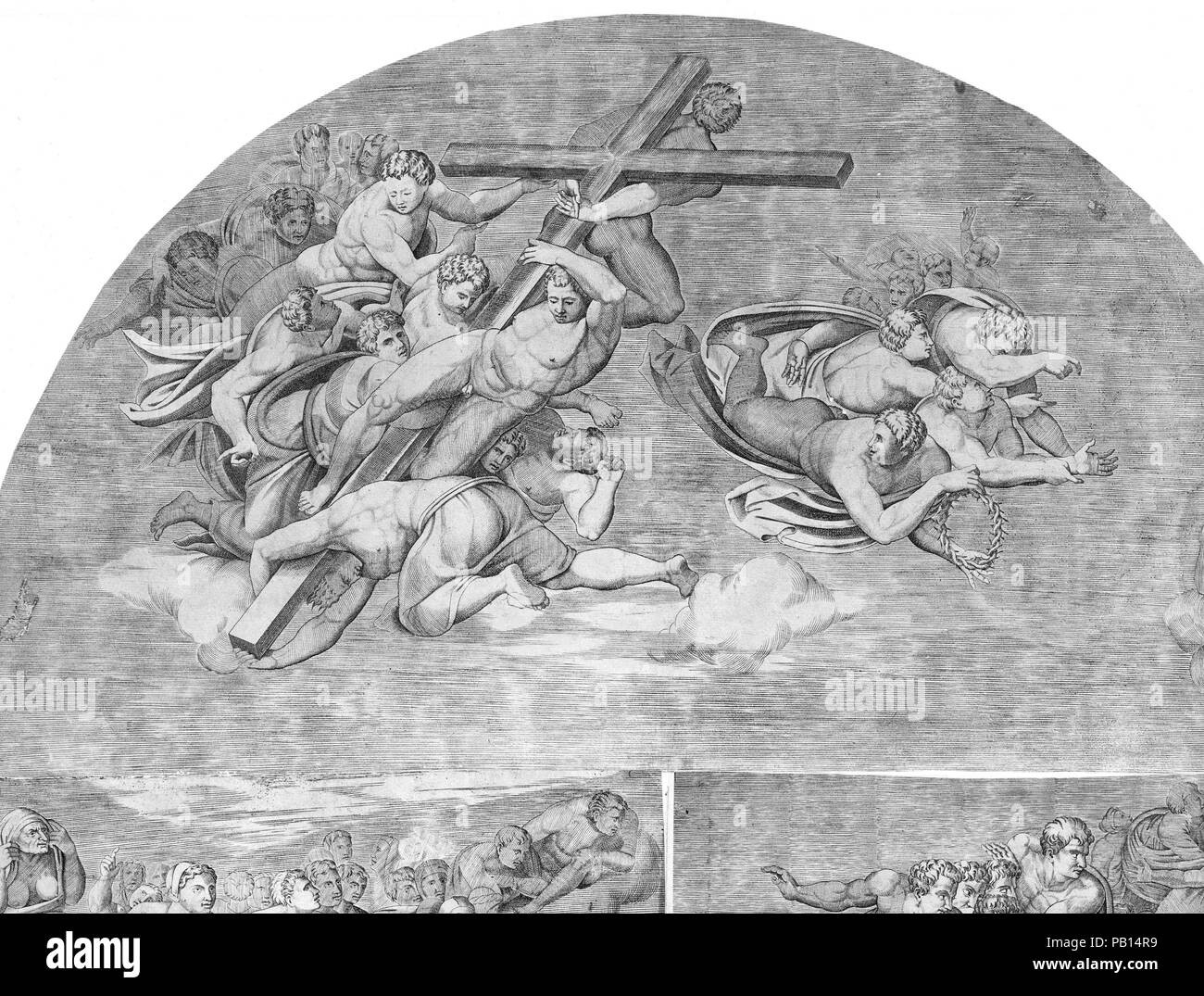 Die Engel das Kreuz mit Heiligen unten (obere linke Abschnitt des letzten Urteils). Artist: Gestochen von Niccolò della Casa (Französisch, aktive Italien, Ca. 1543-48); Nach Michelangelo Buonarroti (Italienisch, Caprese 1475-1564 Rom). Maße: Blatt: 32 7/8 x 26 9/16 in. (83,6 x 67,5 cm). Datum: 1548. Eines der Drucke bestimmt zusammen zu passen. Der Beitritt Zahlen sind: 62.602.652 (1-3) und 59.570.46 (1-2). Datum verfolgt mit Tinte und von 1543 bis 1548 verändert. Museum: Metropolitan Museum of Art, New York, USA. Stockfoto