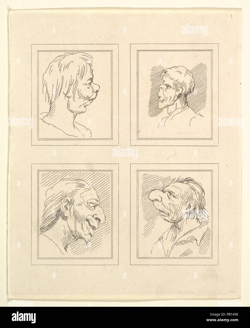 Characaturas/durch/Leonardo da Vinci/von Zeichnungen/Wincelslaus (sic) Hollar/aus den/Portland Museum / als die Handlung leitet der 1. 1786 Durch/John Clarke. N. 291 Strand/Preis 15 Boards. Artist: Nach Wenzel Hollar (Böhmische, Prag 1607-1677, London); nach Leonardo da Vinci (Italienisch, Vinci 1452-1519 Amboise). Abmessungen: Platte: 7 13/16 x 6 5/16 in. (19,8 x 16,1 cm) Blatt: 8 1/16 x 6 1/2 in. (20,4 x 16,5 cm). Herausgeber: Veröffentlicht in London von John Clarke (Briten, aktive 1788-91). Datum: 1786. Characaturas/durch/Leonardo da Vinci/von Zeichnungen/Wincelslaus (sic) Holla Stockfoto