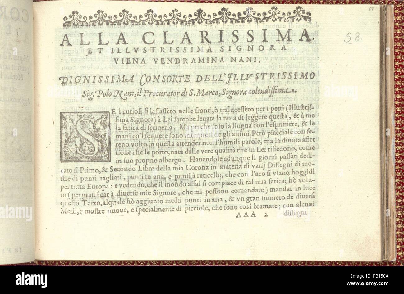 Corona delle Donne Nobili et wirbelnden Rondothema fort: Libro I-IV, Seite 58 (recto). Abmessungen: Insgesamt: 5 1/2 x 7 11/16 in. (14 x 19,5 cm). Erschienen in: Venedig. Herausgeber: Cesare Vecellio (Italienisch, Pieve di Cadore 1521-1601 Venedig), Venedig. Datum: 1601. Von Cesare Vecellio, Italienisch, Pieve di Cadore 1521-1601 Venedig, Venedig veröffentlicht. Engagement Seite mit bebilderter Holzschnitt-initiale's'. Oben auf der Seite ist ein Rand von Laub. Text in Schwarz gedruckt. Museum: Metropolitan Museum of Art, New York, USA. Stockfoto