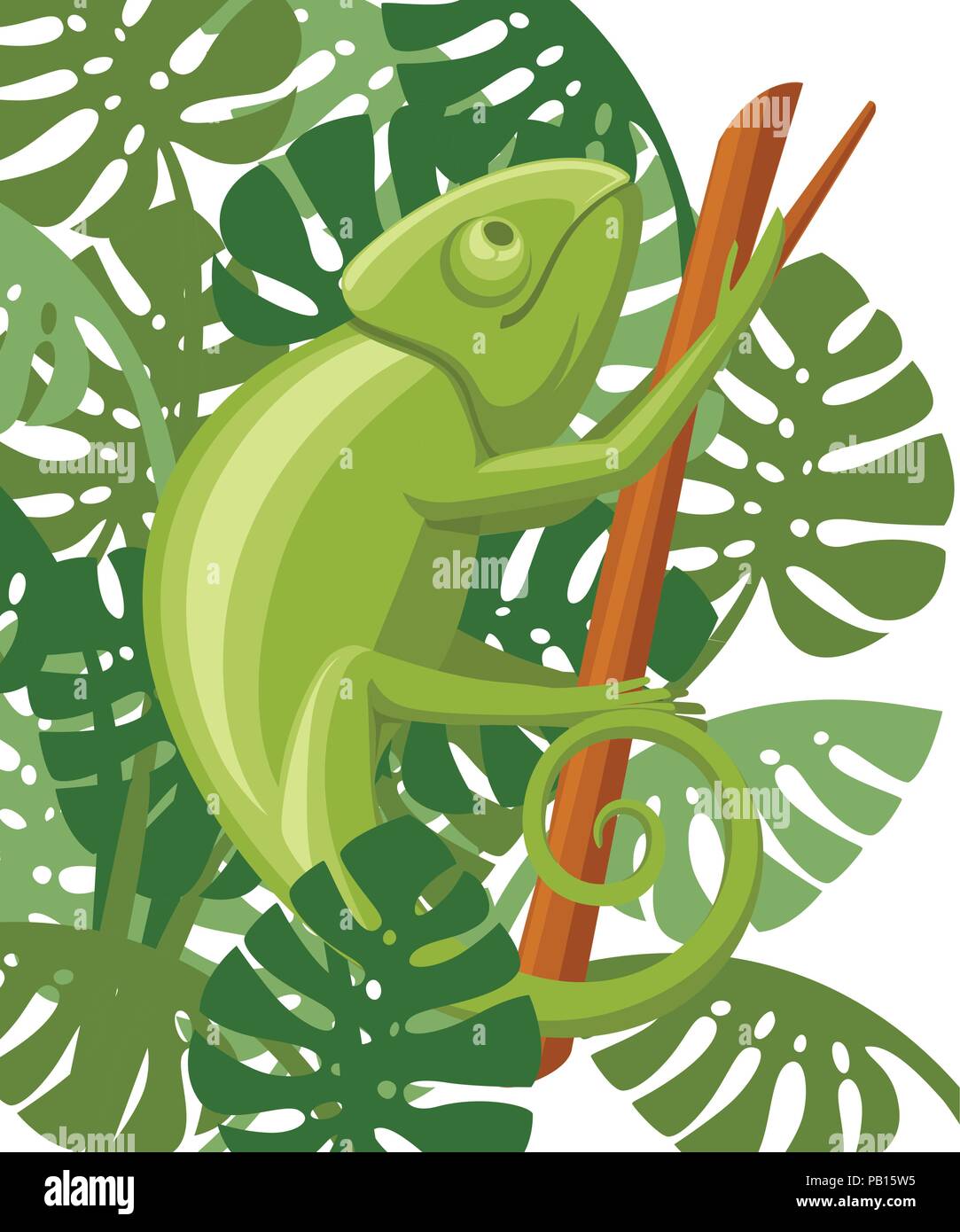 Cartoon chameleon Klettern auf Zweig. Kleine grüne Eidechse. Chameleon Logo Design, Flachbild-Symbol. Vector Illustration auf weißem Hintergrund mit grünen Blättern. Stock Vektor