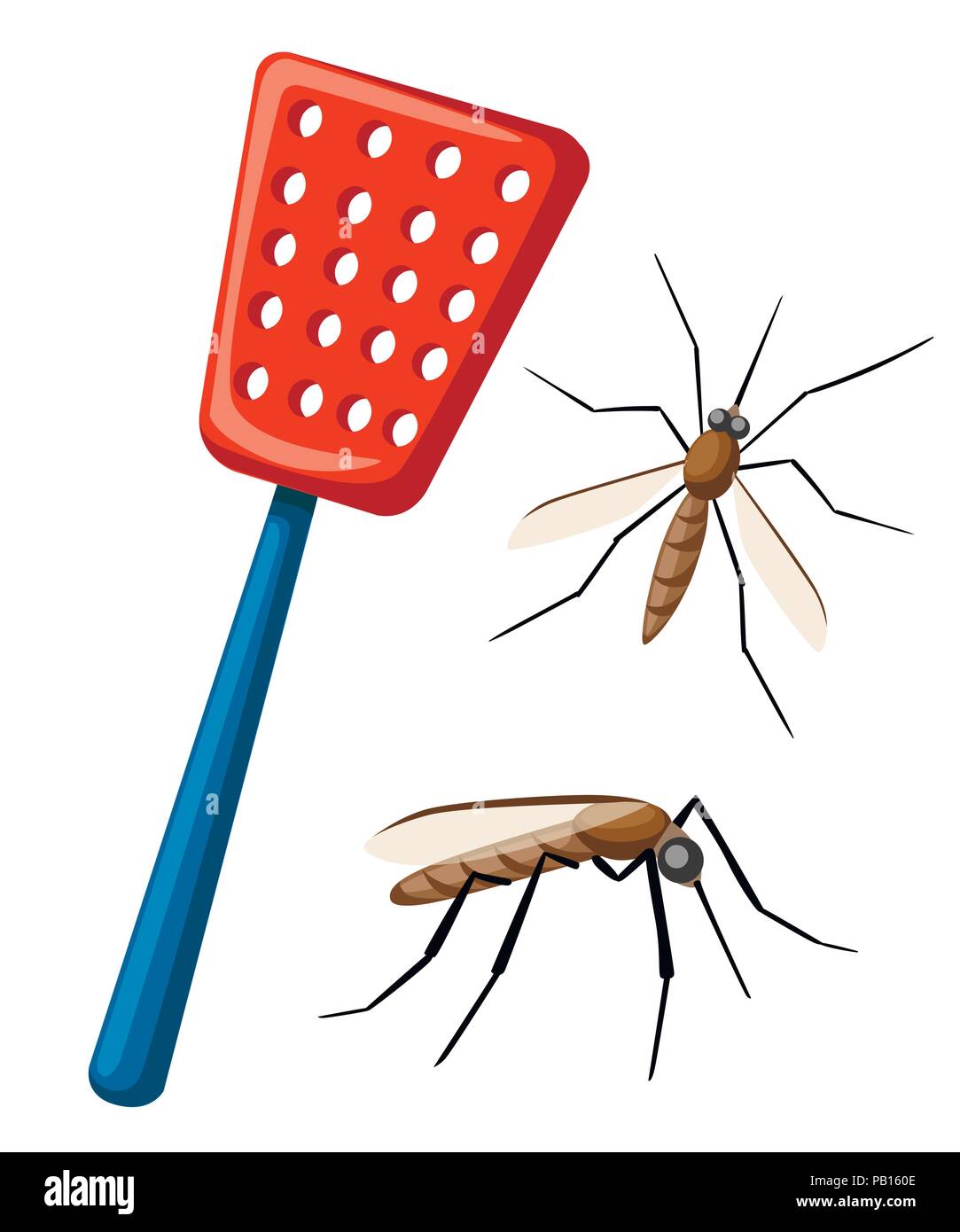 Swatter mit Mücken Fliegen. Werkzeug für die Zerstörung der Insekten zu Hause. Red swatter am blauen Griff. Flache Vector Illustration auf weißen backgrou isoliert Stock Vektor