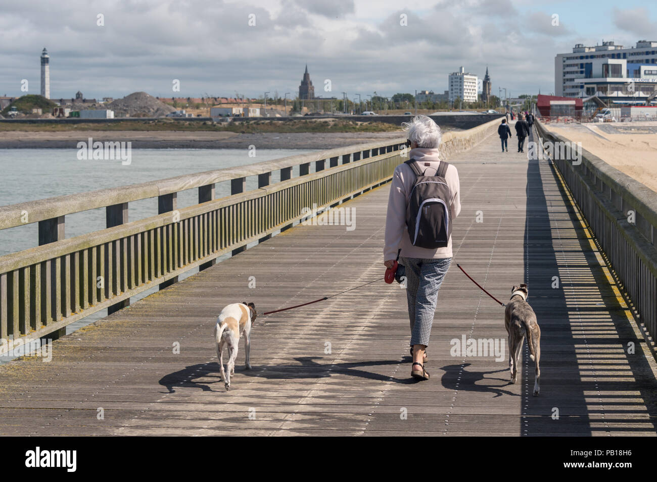 Calais, Frankreich - 19. Juni 2018: Frau mit zwei Hunde auf der Westanleger im Sommer. Stockfoto