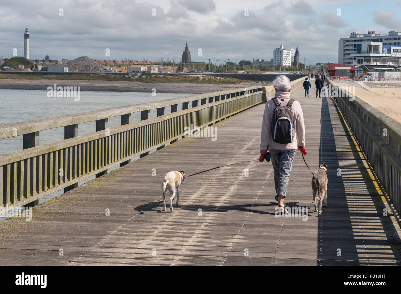 Calais, Frankreich - 19. Juni 2018: Frau mit zwei Hunde auf der Westanleger im Sommer. Stockfoto
