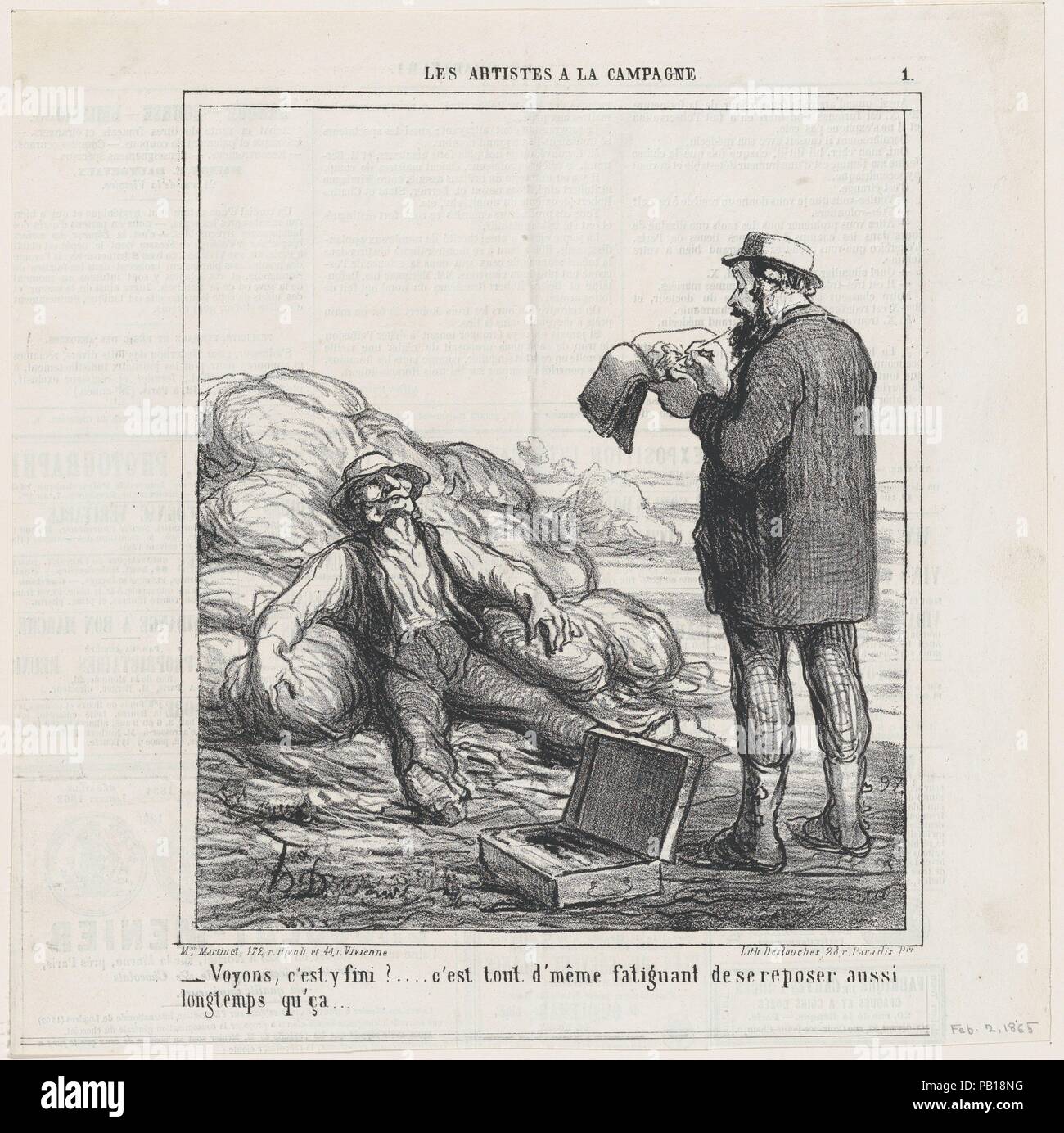 Gut, sind Sie endlich fertig?... es ist schließlich anstrengend für so eine lange Zeit ist, sich zu entspannen, die Landschaft von "Künstler", in Le Charivari, 2. Februar 1865 veröffentlicht. Artist: Honoré Daumier (Französisch, Marseille 1808-1879 Valmondois). Abmessungen: Bild: 9 1/8 x 7 7/8 in. (23,1 × 20 cm) Blatt: 11 9/16 x 11 9/16 in. (29,3 × 29,3 cm). Drucker: destouches (Paris). Herausgeber: Aaron Martinet (Französisch, 1762-1841). Serie/Portfolio: "Die Landschaft Künstler' (Les Artistes à la Campagne). Datum: Februar 2, 1865. Museum: Metropolitan Museum of Art, New York, USA. Stockfoto