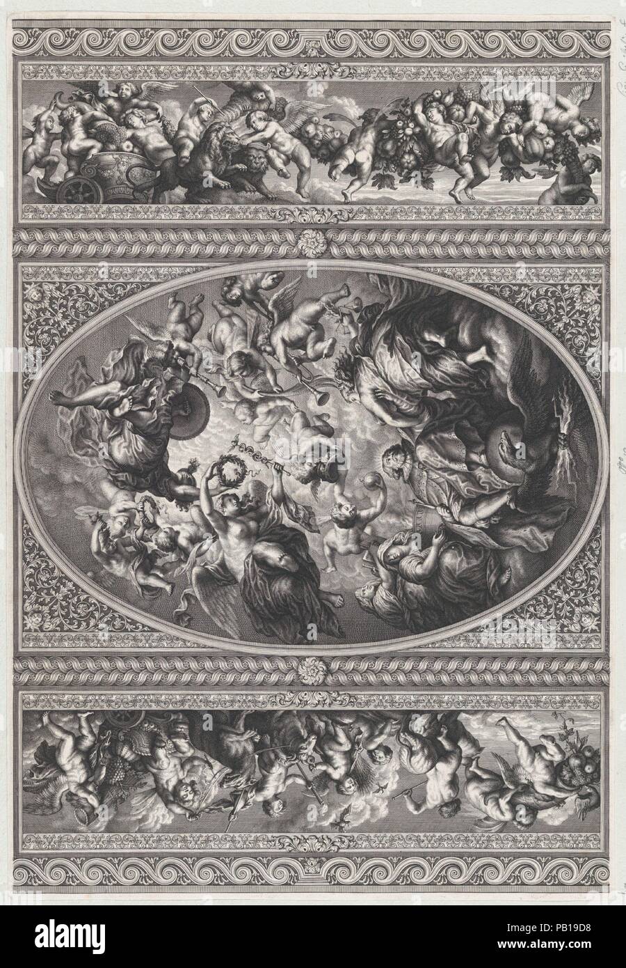 Die apotheose von James ich in einem Oval in der Mitte, Friese mit Putten und Girlanden auf beiden Seiten. Artist: Nach Peter Paul Rubens (Flämische, Siegen 1577-1640 Antwerpen); Simon Gribelin II (Paris 1661-1733, Aktiv, London). Abmessungen: Blatt (getrimmte): 12 9/16 x 18 1/4 in. (31,9 × 46,4 cm). Sitter: James I., König von England, Schottland und Irland (Edinburgh 1566-1625 Theobalds). Datum: 1720. Nach dem Deckengemälde von Bankett- Haus in Whitehall, London. Museum: Metropolitan Museum of Art, New York, USA. Stockfoto