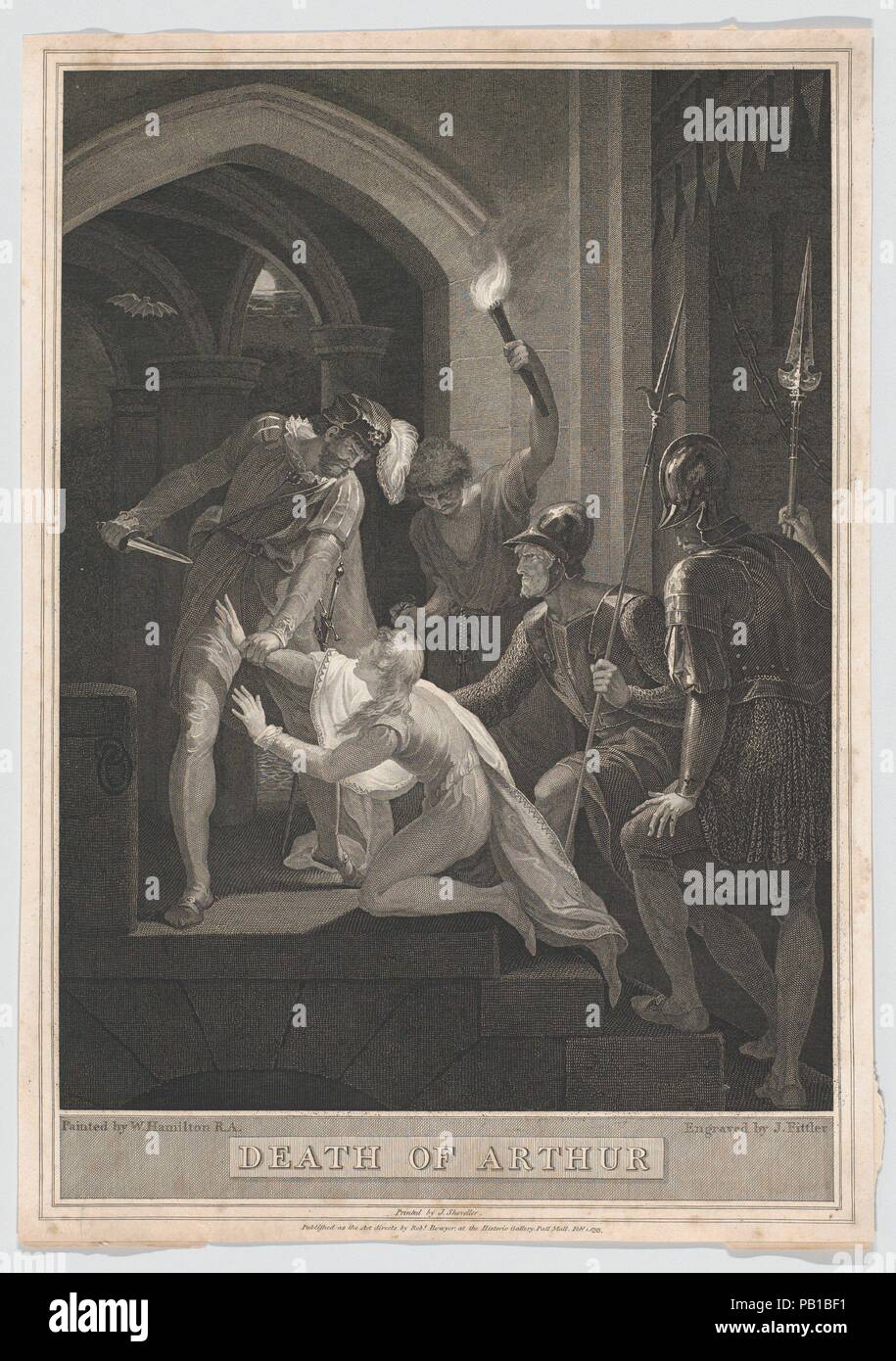 Der Tod von Arthur. Artist: Nach William Hamilton (British, London 1751-1801 London). Maße: Blatt: 13 1/16 x 9 3/16 in. (33,1 × 23,4 cm). Engraver: James Fittler (Briten, London 1758-1835 Middlesex). Drucker: J. Shoveler (Briten, 18. Jahrhundert). Herausgeber: Robert Bowyer (Britisch, Portsmouth, 1758-1834 Byfleet Surrey). Datum: 1793. Museum: Metropolitan Museum of Art, New York, USA. Stockfoto