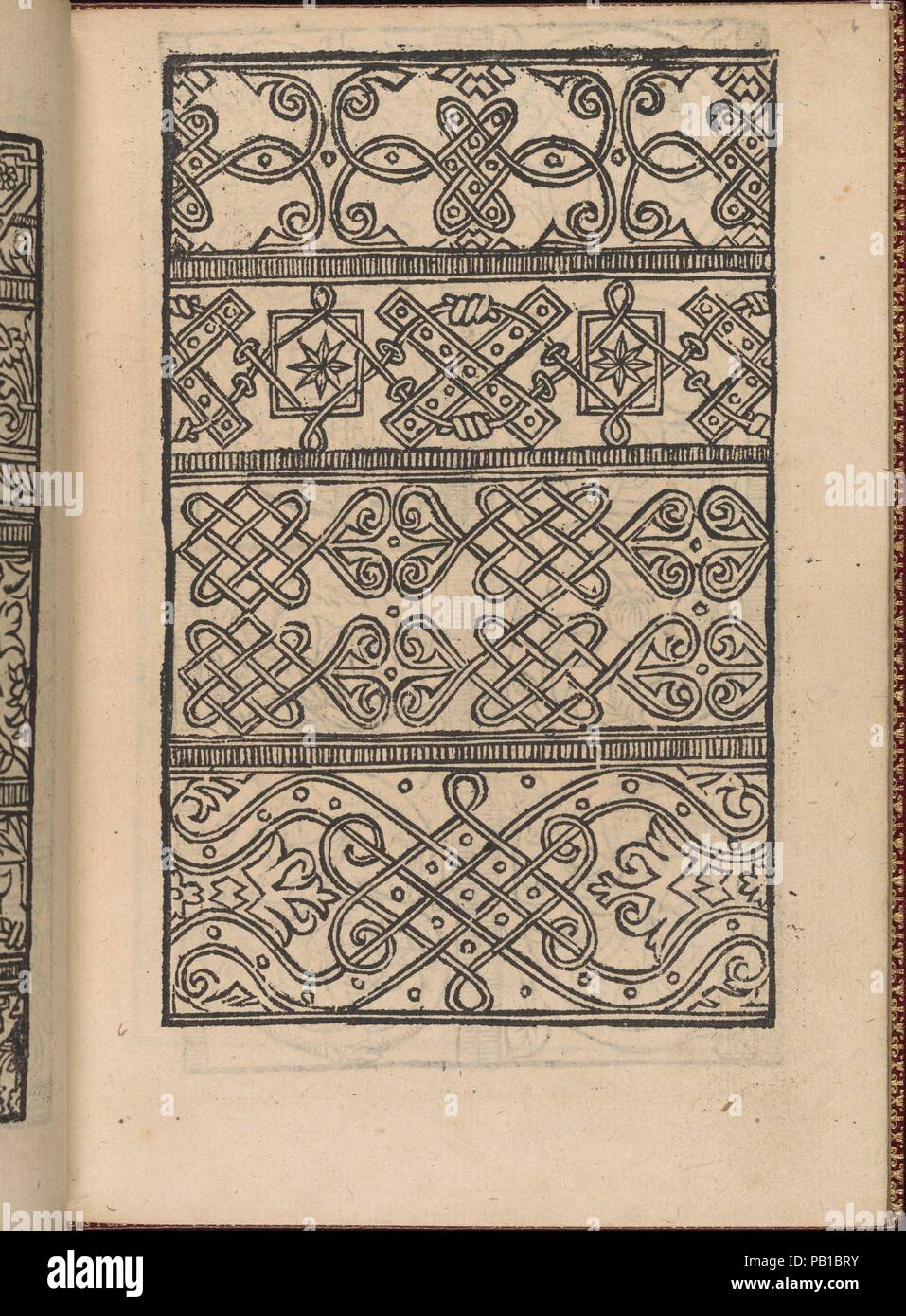 Neue Modelbuch, aller Kunst, Nehens und Stickens (Seite 6 r). Binder: Riviere & Sohn (s) (London). Abmessungen: Insgesamt: 6 7/8 x 4 15/16 in. (17,5 x 12,5 cm). Herausgeber: Hermann Gülfferich (1542-1554), Frankfurt am Main. Datum: 1553. Herausgegeben von Hermann Gülfferich, 1542-1554, Frankfurt am Main, durch Riviere & Sohn (s), London gebunden. Illustrierte Titelseite (Kopie des Beham-Pauli 1222), 76 Seiten des Designs, und der Drucker markieren auf der letzten Seite. Museum: Metropolitan Museum of Art, New York, USA. Stockfoto