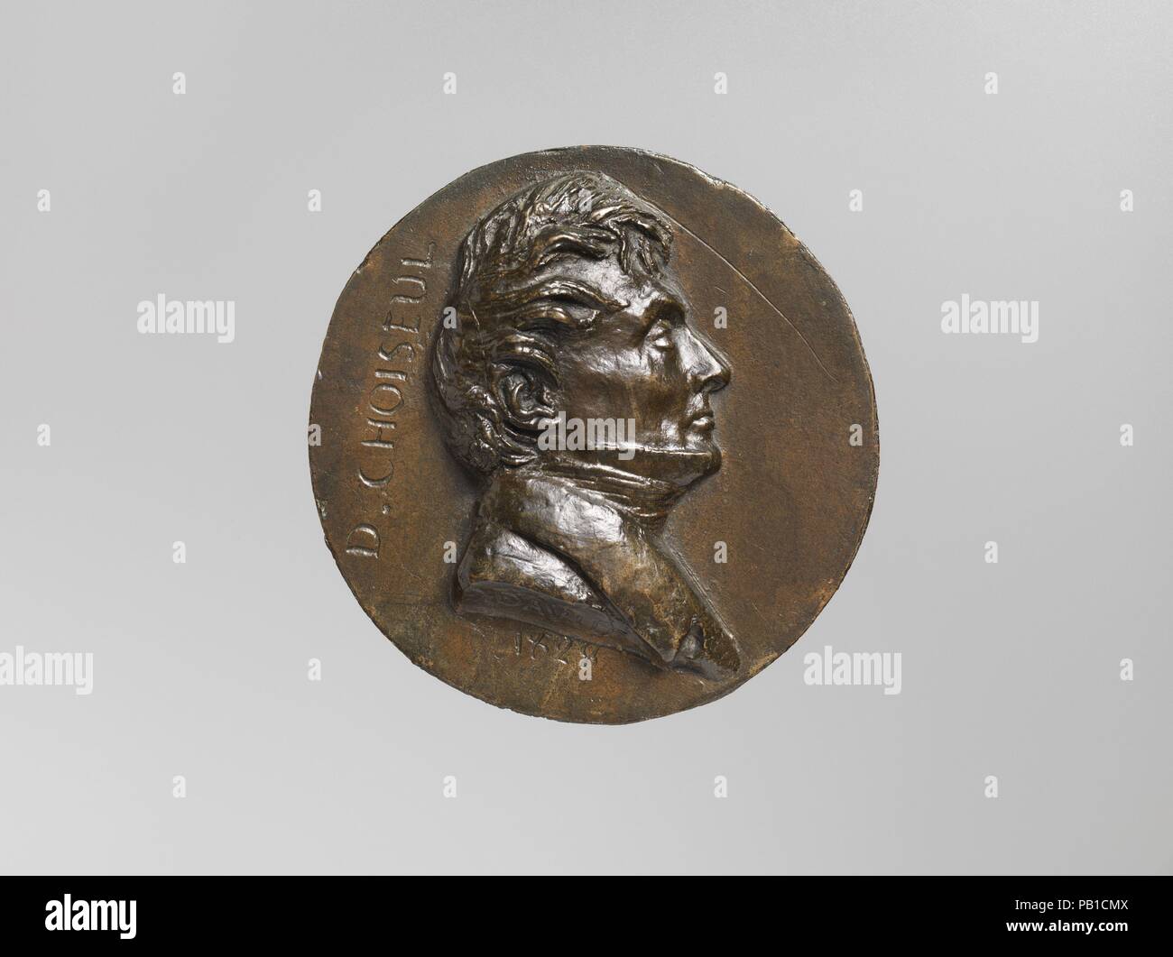 Claude-Antoine - Gabriel, duc de Choiseul-Stainville (1762-1838). Kultur: Französisch. Abmessungen: Insgesamt (unregelmäßige Durchmesser, bestätigt): 5 1/8 × 5 × 3/4 in. (13 × 12,7 × 1,9 cm). Schöpfer: Medaillenträger: Pierre Jean David d'Angers (Französisch, Angers 1788-1856 Paris). Datum: 1828. Claude-Antoine - Gabriel, duc de Choiseul-Stainville war ein Oberst und ein Peer von Frankreich. Choiseul war loyal zu den Bourbonen Monarchie und wurde drei Mal beim Kämpfen für ihre Wiedereinstellung verhaftet. Im Jahr 1799 er weg von Calais Schiffbruch erlitt und zum Tode verurteilt, nur Entkommen aufgrund einer Änderung des Regimes. Sowohl während der 181 Stockfoto