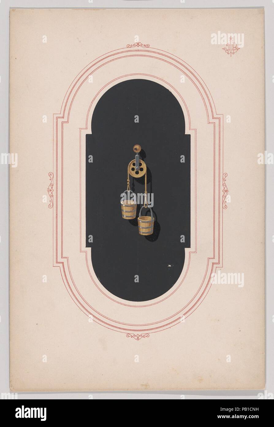 Design für einen goldenen Ohrring mit zwei Eimer und Riemenscheibe. Künstler: Anonym, Französisch, 19. Maße: Blatt: 9 5/16 x 6 1/4 in. (23,6 × 15,8 cm). Datum: Ca. 1870-1900. Zeichnung mit einem Design für einen goldenen Ohrring mit zwei wassereimer Motive, die Teil einer Sammlung von 85 Zeichnungen mit figurativen Designs für Ohrringe, Broschen, Anhänger und andere Schmuckstücke, möglicherweise Echten, mit Graphit und gouache erstellt und mit Gold innen Lithographie Frames erhöht. Diese Designs sind alle charakteristisch für den Zeitraum zwischen 1870 und 1900, als Schmuck Design sah ein großes Maß an Innovation und Stockfoto