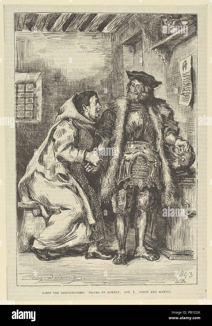 Goetz und Bruder Martin. Artist: Nach Eugène Delacroix (Französisch, Charenton-Saint-Maurice 1798-1863 Paris). Abmessungen: Block: 8 5/16 x 5 1/2 in. (21,1 x 14 cm) Blatt: 8 11/16 x 6 1/16-in. (22 x 15,4 cm). Engraver: Andrew, Beste, Leloir, Hotel in et Régnier. Serie/Portfolio: Goethe, Götz von Berlichingen, Akt 1. Datum: nach 1845. Der Gegenstand dieser Druck ist auf der Grundlage einer Szene in Goethes spielen (in deutscher Sprache 1773 veröffentlicht; und Französisch 1823), erzählt die Geschichte des Lebens eines Deutschen Ritter (1480-1562), die kämpften die Privilegien der freien Ritter, zunichte gemacht durch den Kaiser Maximilian I. zu gewinnen Stockfoto