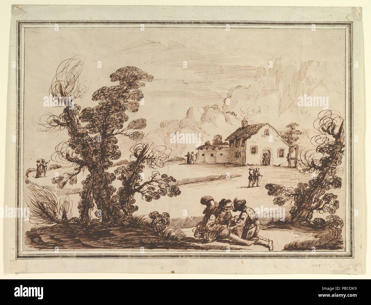 Landschaft mit Figuren und einem Bauernhaus. Artist: 18. Jahrhundert Imitator von Guercino (Giovanni Francesco Barbieri) (Italienisch, Cento 1591-1666 Bologna). Maße: Blatt: 13 1/4 x 19 in. (33,6 x 48,2 cm). Datum: 1750-80. Diese Landschaft und die drei anderen (Nr. 7.40.17, 80.3.292, 37.165.108) sind typische Beispiele für die Arbeit der Fälscher oder Fälscher mit Zeichnungen von guercino - vor allem von Landschaften - Wer waren vermutlich bei der Arbeit in Italien in der zweiten Hälfte des achtzehnten Jahrhunderts. Alle vier sind in einem dicken, Pasty, dunklen rot-braunen Farbe Das ist das Kennzeichen eines solchen Fälschungen ausgeführt. Solche Zeichnungen Stockfoto