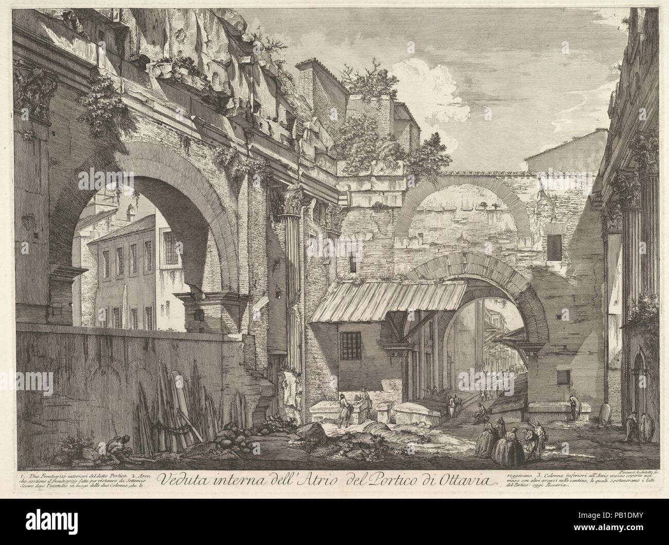 Veduta interna dell'Atrio del Portico di Ottavia (Interne Blick auf das Atrium der Vorhalle des Octavia), in: "Vedute di Roma" (Blick auf Rom). Artist: Giovanni Battista Piranesi (Italienisch, Mogliano Veneto Rom 1720-1778). Abmessungen: Platte: 22 x 28 in. (55,9 x 71,1 cm). Serie/Portfolio: Vedute di Roma (Aussicht auf Rom). Datum: 1760. Diese Ansicht stellt die Zuschauer innerhalb der am besten erhaltene Teil des Komplexes von Kolonnaden ursprünglich in der republikanischen Ära erbaut und später von Kaiser Augustus, der die Vorhalle an seine Schwester Octavia dedizierte wiederhergestellt. Obwohl der Name überlebt aus dem Augusteischen Stockfoto