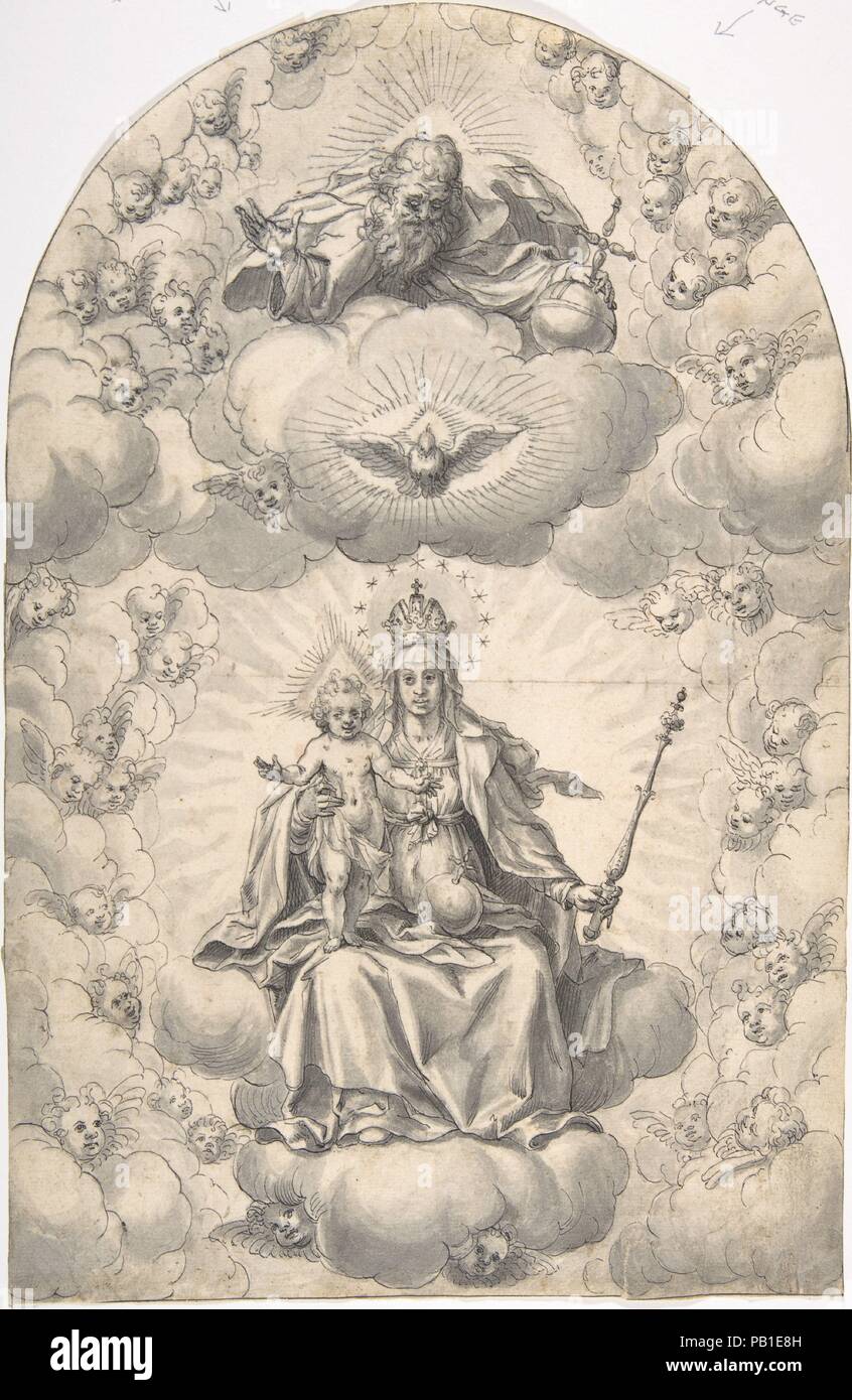 Madonna und Kind inthronisiert. Künstler: Hans Werl (Deutsch, München Ca. 1570-1608 München). Maße: Blatt: 11 1/2 x 7 1/2 in. (29,2 x 19 cm). Datum: Ende des 16. Anfang des 17. Jahrhunderts. Museum: Metropolitan Museum of Art, New York, USA. Stockfoto