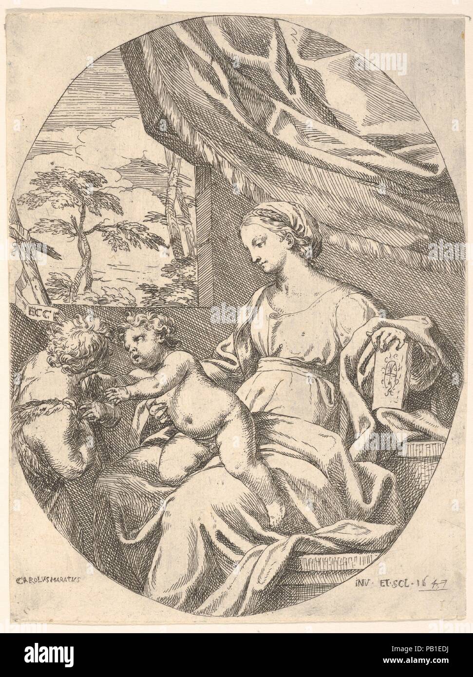 Sitzende Jungfrau und Kind mit dem Hl. Johannes der Täufer, ein Buch unter die linke Hand der Jungfrau ruht, das Christ Kind in Richtung Saint John, eine Mauer und Vorhang Aufteilung der Zahlen von Landschaft erreicht. Künstler: Carlo Maratti (Italienisch, Camerano 1625-1713 Rom). Maße: Blatt: 6 13/16 x 5 1/16-in. (17,3 x 12,9 cm). Datum: 1647. Museum: Metropolitan Museum of Art, New York, USA. Stockfoto