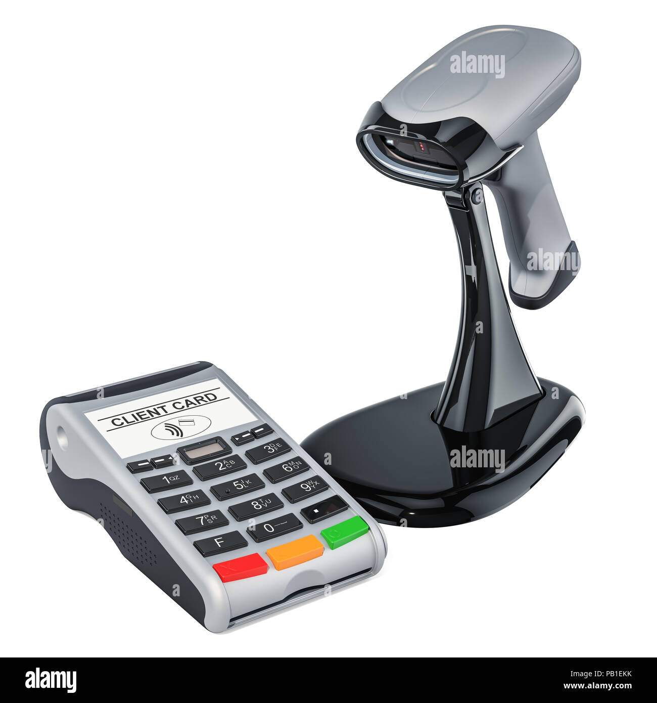 Barcodeleser mit POS-Terminal, 3D-Rendering auf weißem Hintergrund Stockfoto