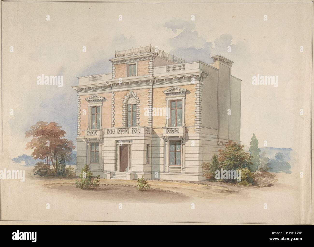 Einer italienischen Villa. Artist: Henry Edward Kendall Jr. (British, Ca. 1805-1885). Maße: Blatt: 12 3/8 x 16 3/8 in. (31,4 x 41,6 cm). Datum: 1820-85. Museum: Metropolitan Museum of Art, New York, USA. Stockfoto