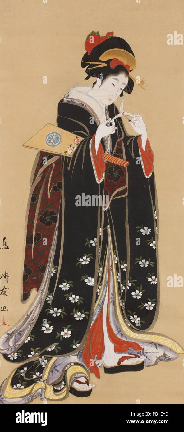 Frau mit Battledore und Federball. Artist: Torii Kiyotomo (Japanisch, Aktive aus dem frühen 19. Jahrhundert). Kultur: Japan. Abmessungen: Bild: 45 3/16 × 20 11/16 in. (114,8 × 52,5 cm) Insgesamt mit Montage: 71 1/4 x 24 1/8 in. (181 × 61,2 cm) Insgesamt mit den Knöpfen: 71 1/4 x 26 3/8 in. (181×67 cm). Datum: 1815-20. Ein wunderbar kleidete Frau mit einem battledore (hanaoki) unter ihrem Arm, Geigen mit einer Feder Federball im Spiel des neuen Jahres der hanetsuki, ähnlich der westlichen Badminton spielen verwendet. Die Identität der Künstler dieses Fett ukiyo-e Malerei sind weitere Untersuchungen erforderlich. Du Stockfoto
