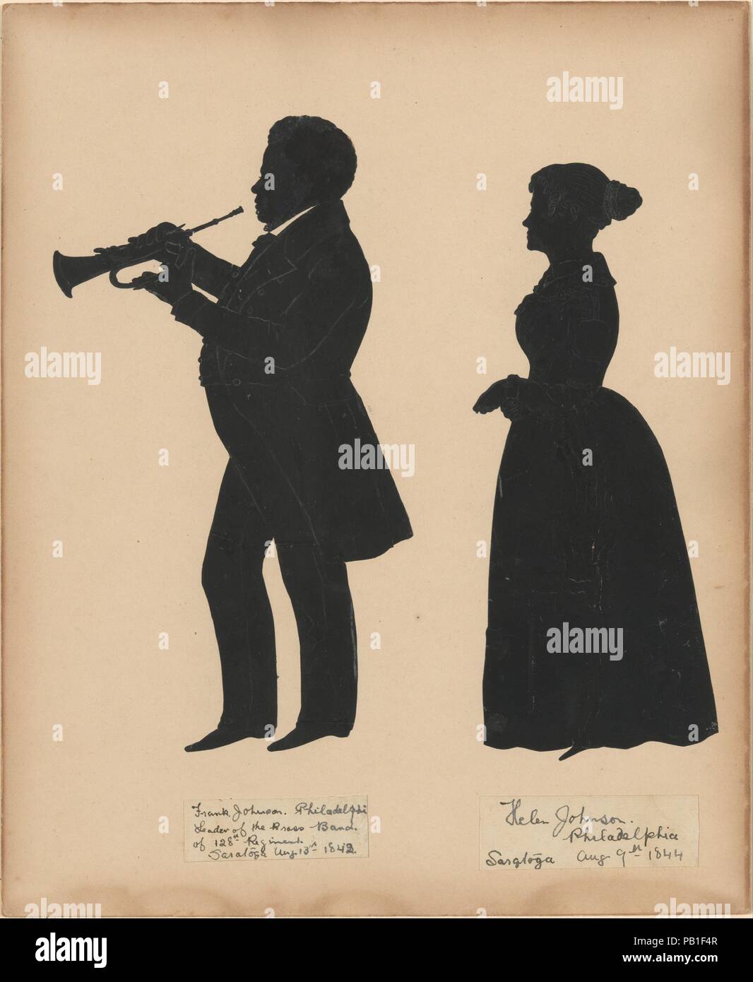 Frank Johnson, Leiter der Brass Band der 128 Regiment in Saratoga, mit seiner Frau Helen. Artist: Auguste Edouart (Französisch, 1789-1861). Maße: Blatt: 11 5/16 x 9 5/16 in. (28,8 × 23,6 cm). Datum: 1842-44. Silhouetten muss zunächst in England erschienen sind, in etwa 1700, als William und Mary angeblich war ihre Profile. Durch die 1720 s, Silhouetten - oder Schattierungen, wie sie waren, in Großbritannien bekannt - hatte eine etablierte Neuheit geworden, und am Ende des Jahrhunderts ihre Popularität in Frankreich verbreitet. Bis zum Ende des achtzehnten Jahrhunderts, ein paar Franzosen silhouettists hatte Profi eingeführt Stockfoto