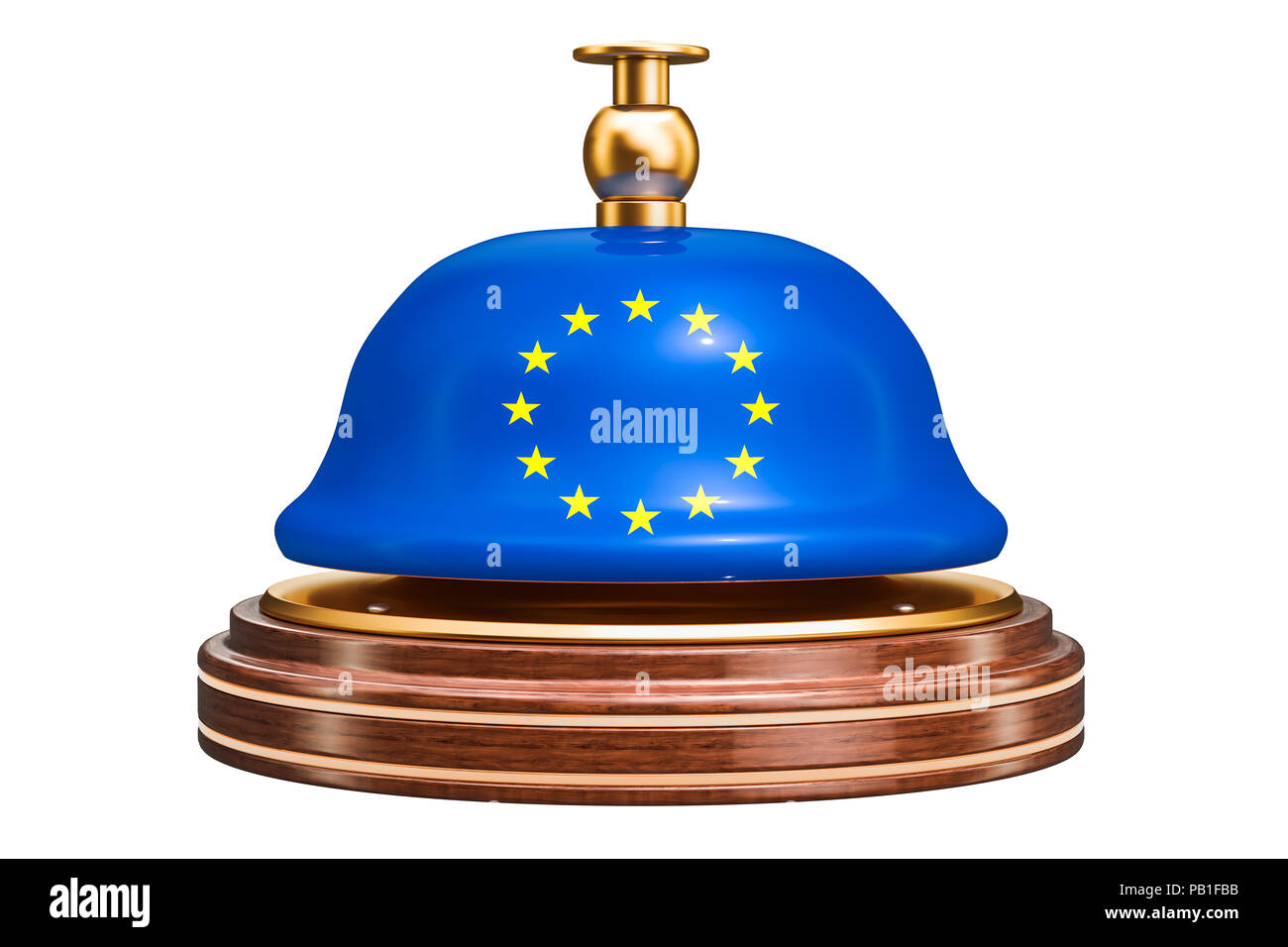 Rezeption Glocke mit Fahne der Europäischen Union, Service Konzept. 3D-Rendering auf weißem Hintergrund Stockfoto